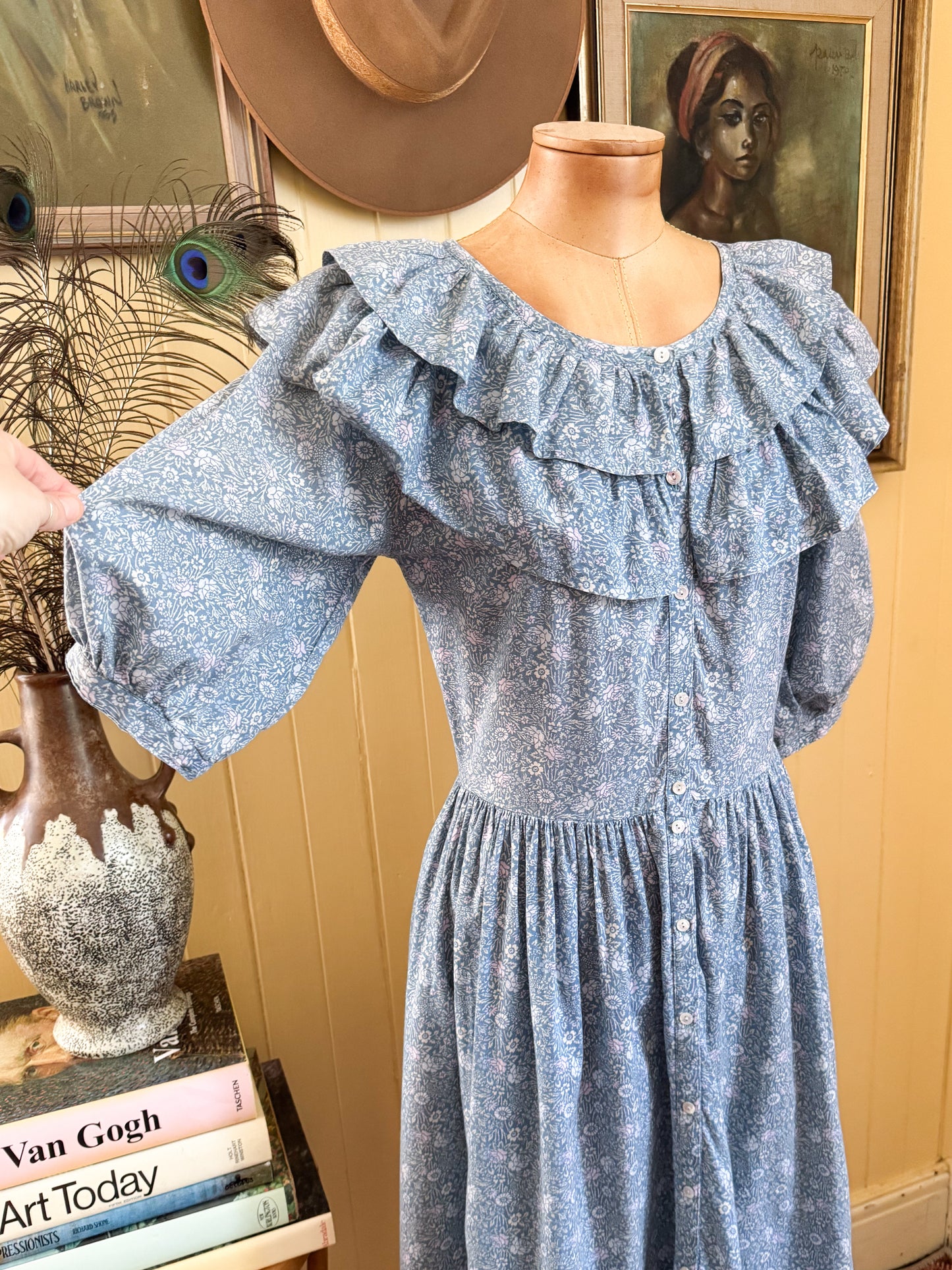 VINTAGE 1980S LAURA ASHLEY CARNO WALES COTTON FLORAL RUFFLE PRAIRIE DRESS M