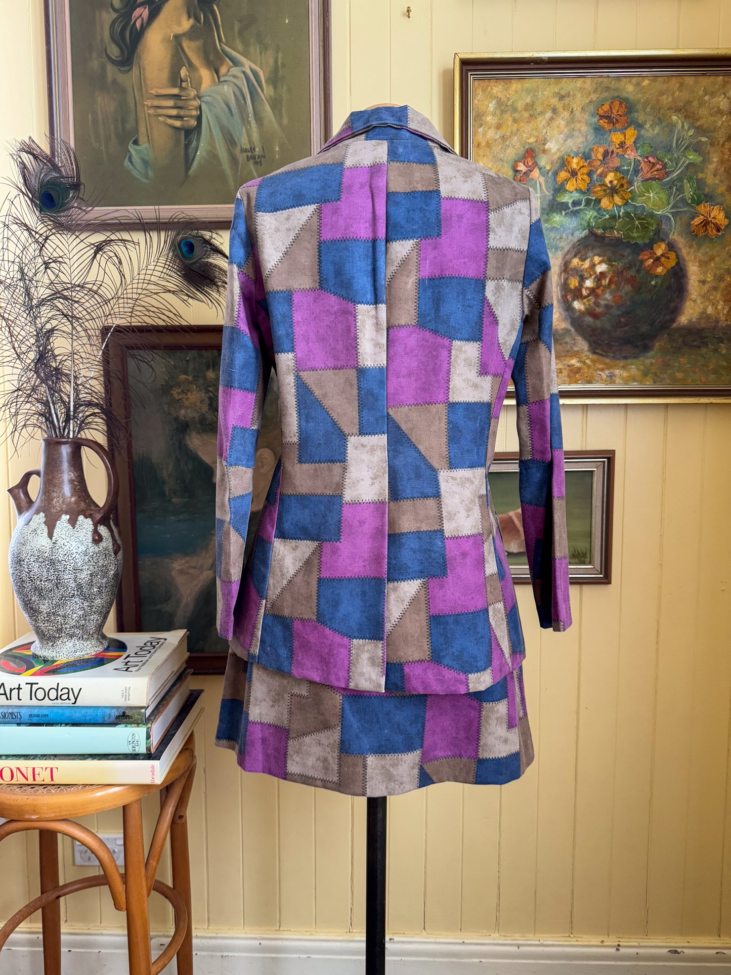 VINTAGE 1970S ACTION PATCHWORK PRINT BLAZER AND MINI SKIRT SET S