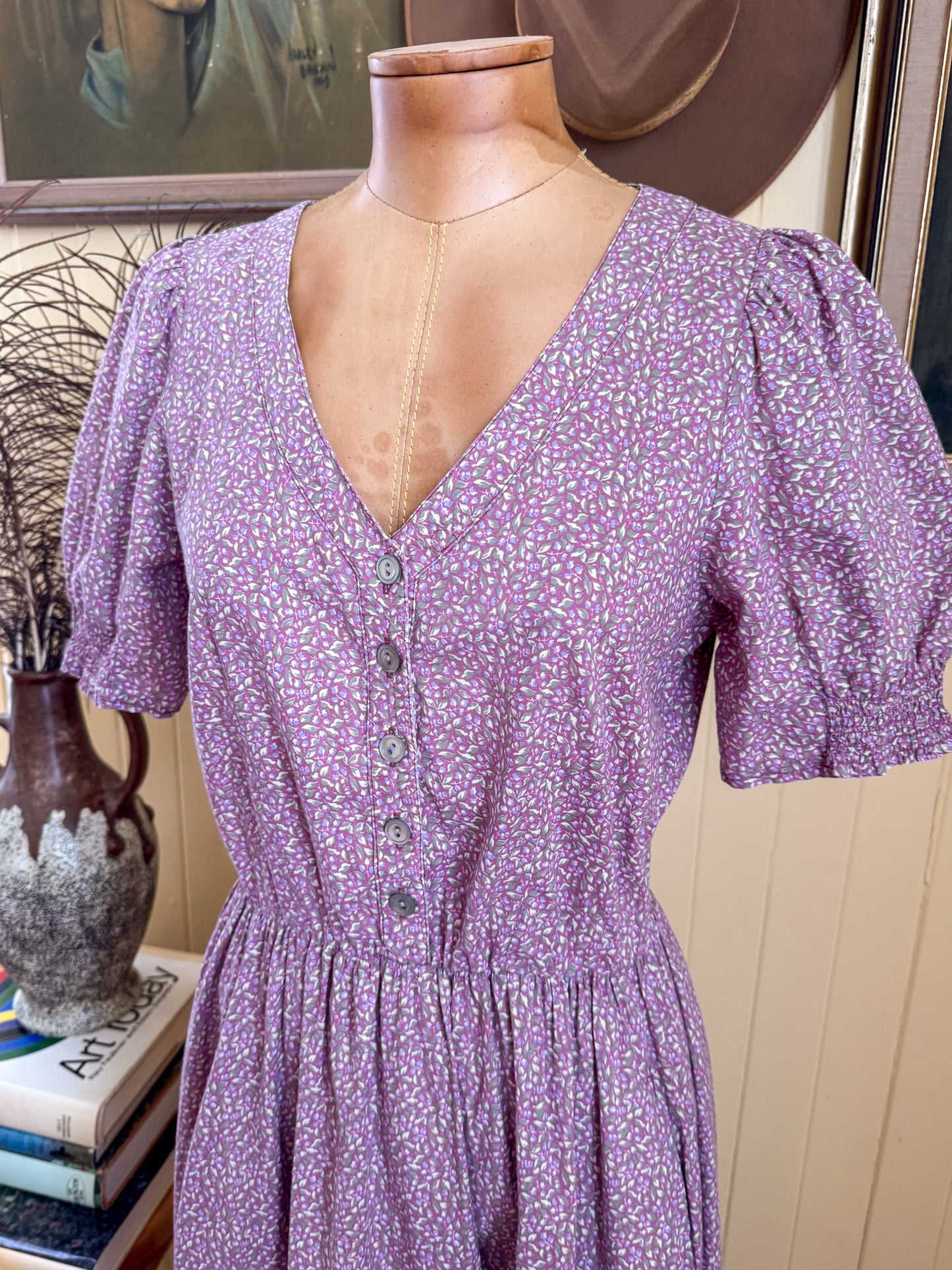 VINTAGE 1980S ENGLISH LAURA ASHLEY COTTON FLORAL PRINT PRAIRIE DRESS S/M