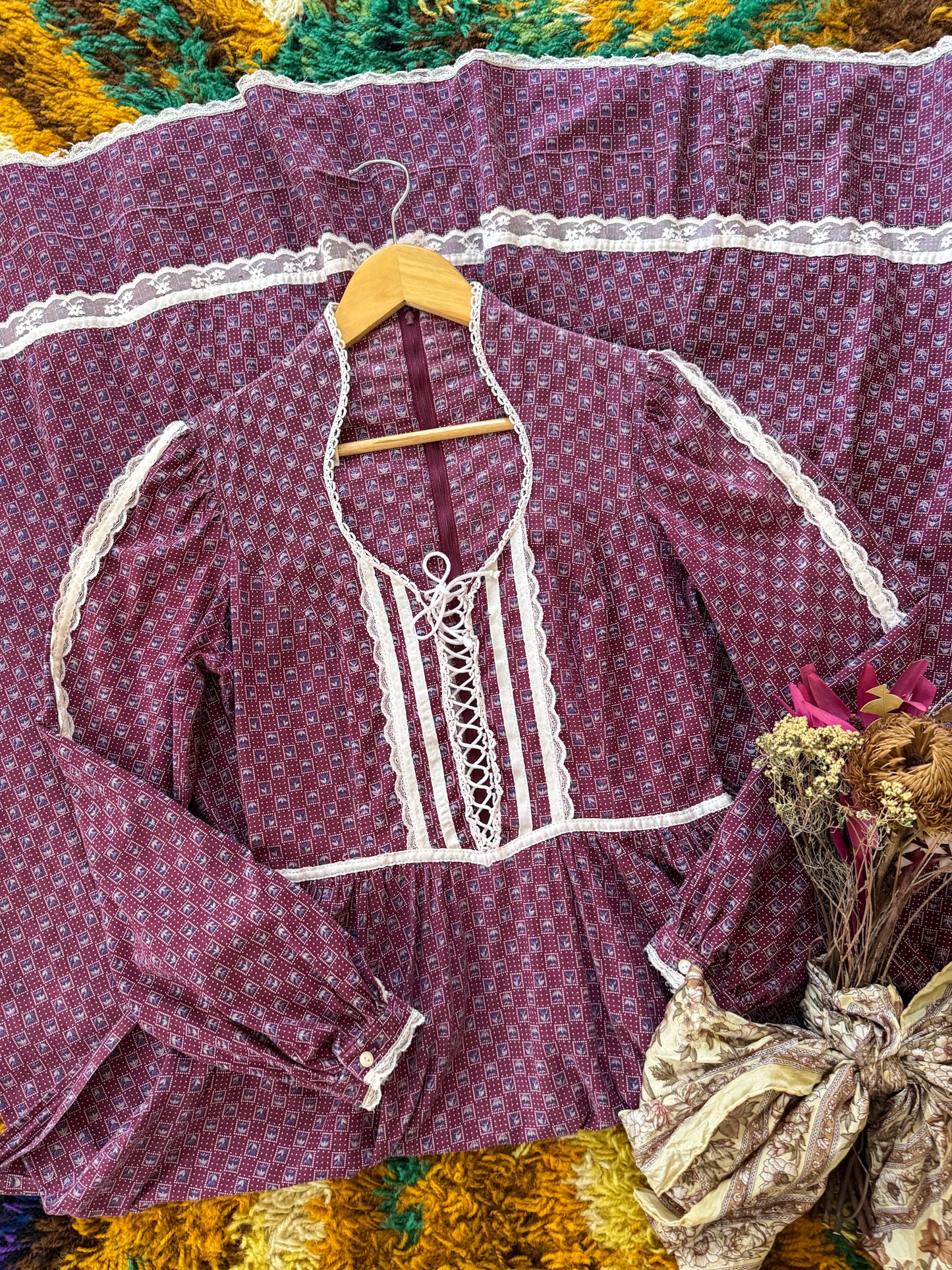 VINTAGE 1970S GUNNE SAX COTTON FLORAL PRINT LACE PRAIRIE MAXI DRESS S/M