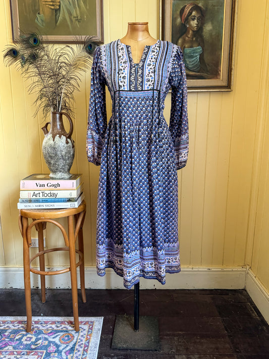 VINTAGE 1970S MEHER INDIAN COTTON BLOCK PRINT MIDI PEASANT DRESS S