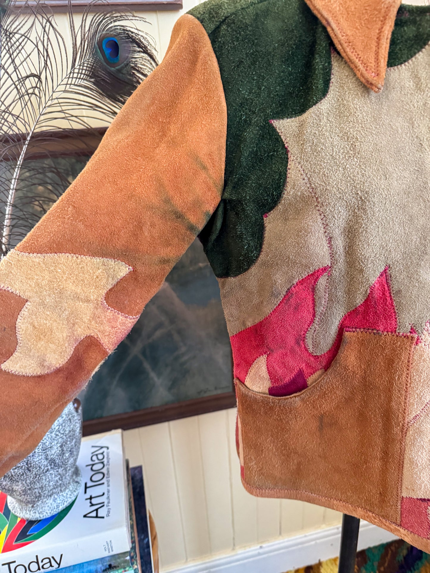 VINTAGE 1970S RARE BURRAY OLSON HAND PAINTED SUN PATCHWORK SUEDE LEATHER JACKET M