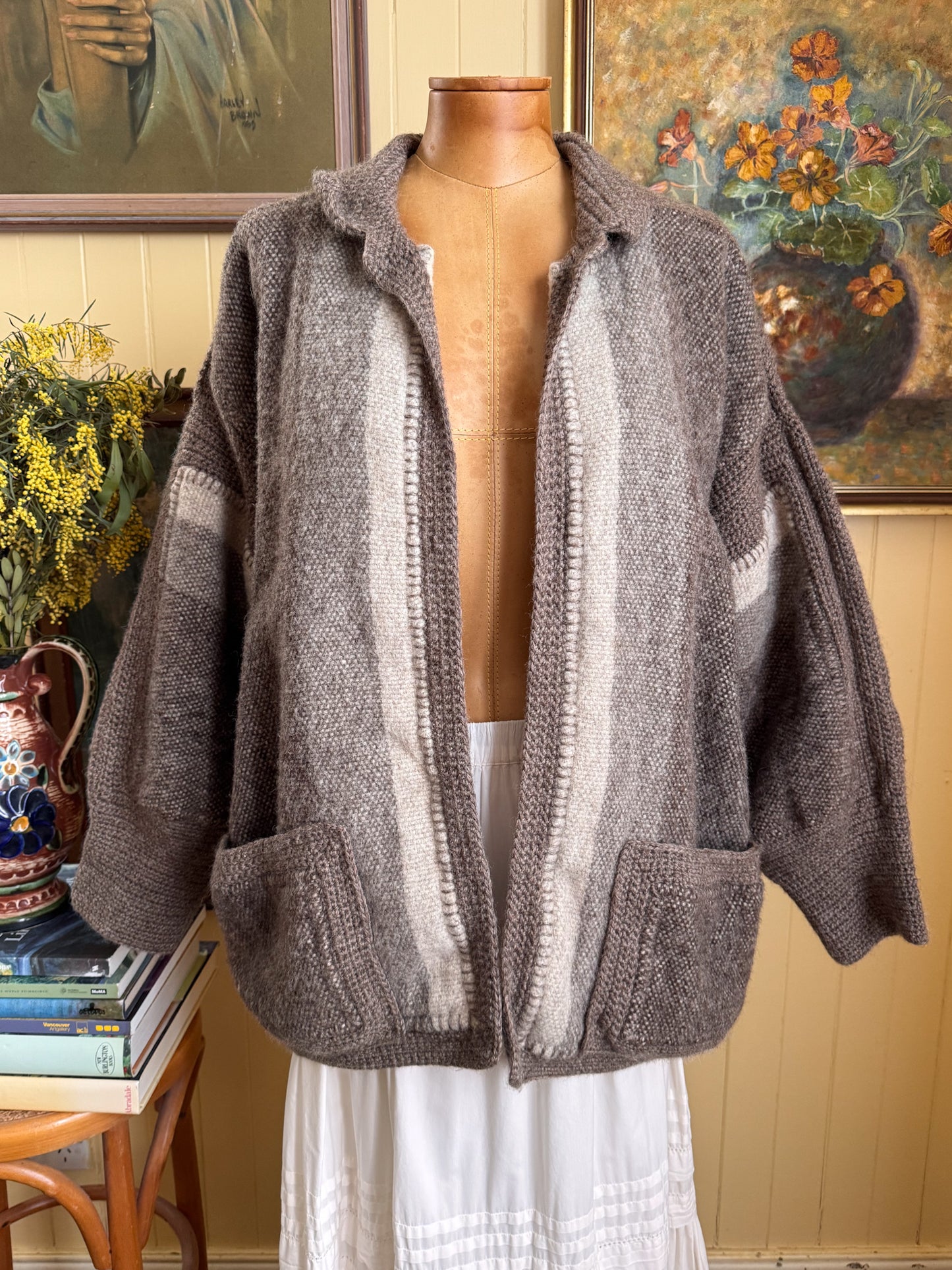 VINTAGE 1980S NEW ZEALAND ESTHER SHERRIFF WOOL CROCHET KNIT CARDIGAN JACKET M/L
