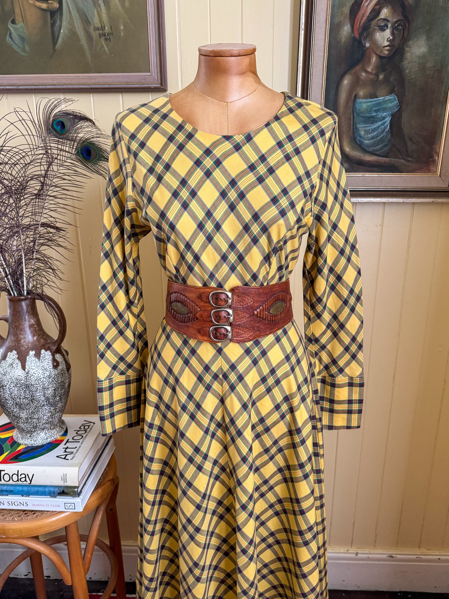 VINTAGE 1980S NORMA KAMALI JAPANESE COTTON PLAID MIDI DRESS S