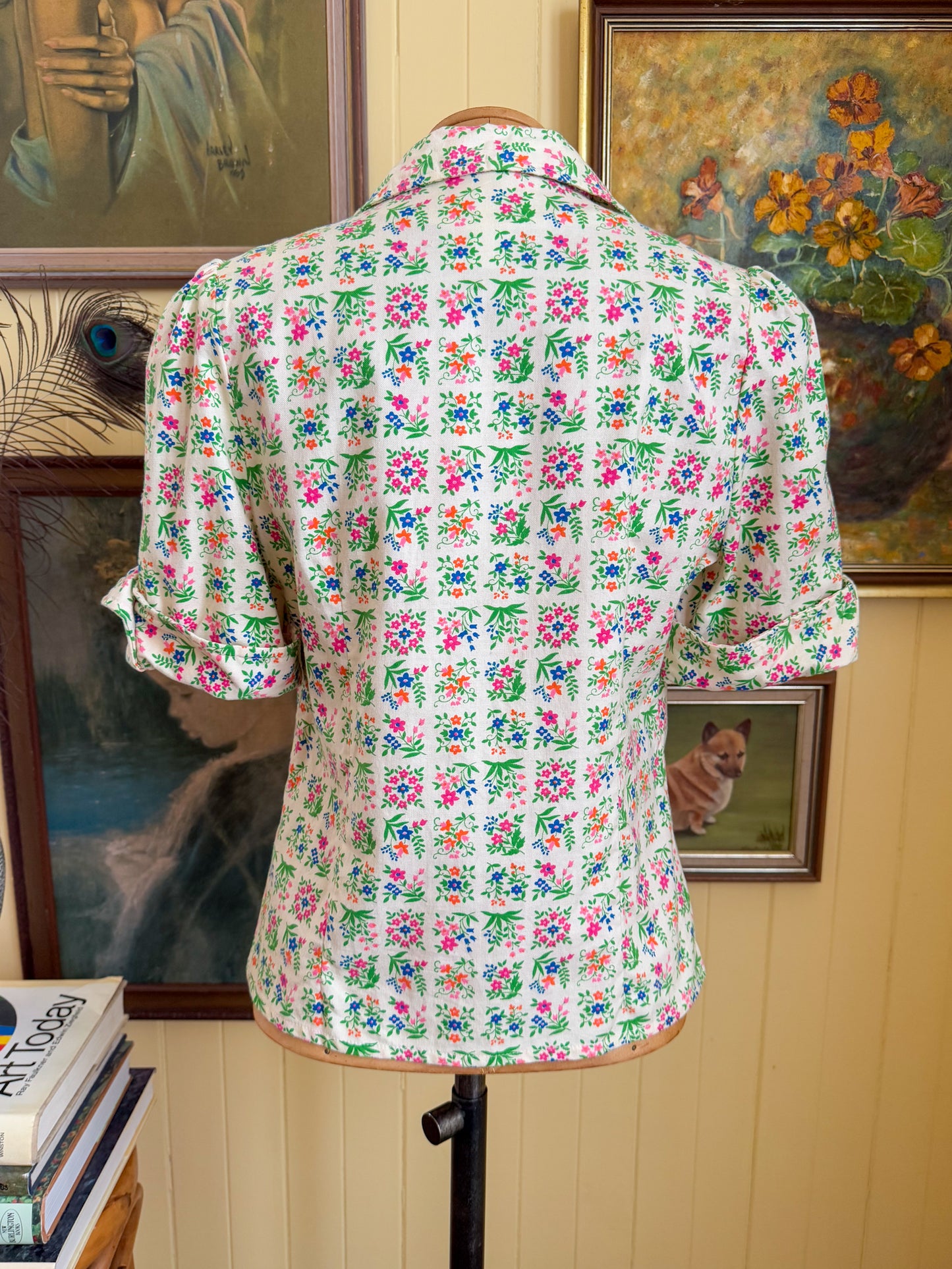 VINTAGE 1970S BINDI OF MELBOURNE COTTON FLORAL PRINT COLLARED SHIRT JACKET S/M