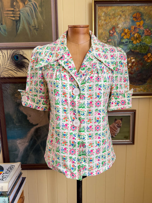 VINTAGE 1970S BINDI OF MELBOURNE COTTON FLORAL PRINT COLLARED SHIRT JACKET S/M