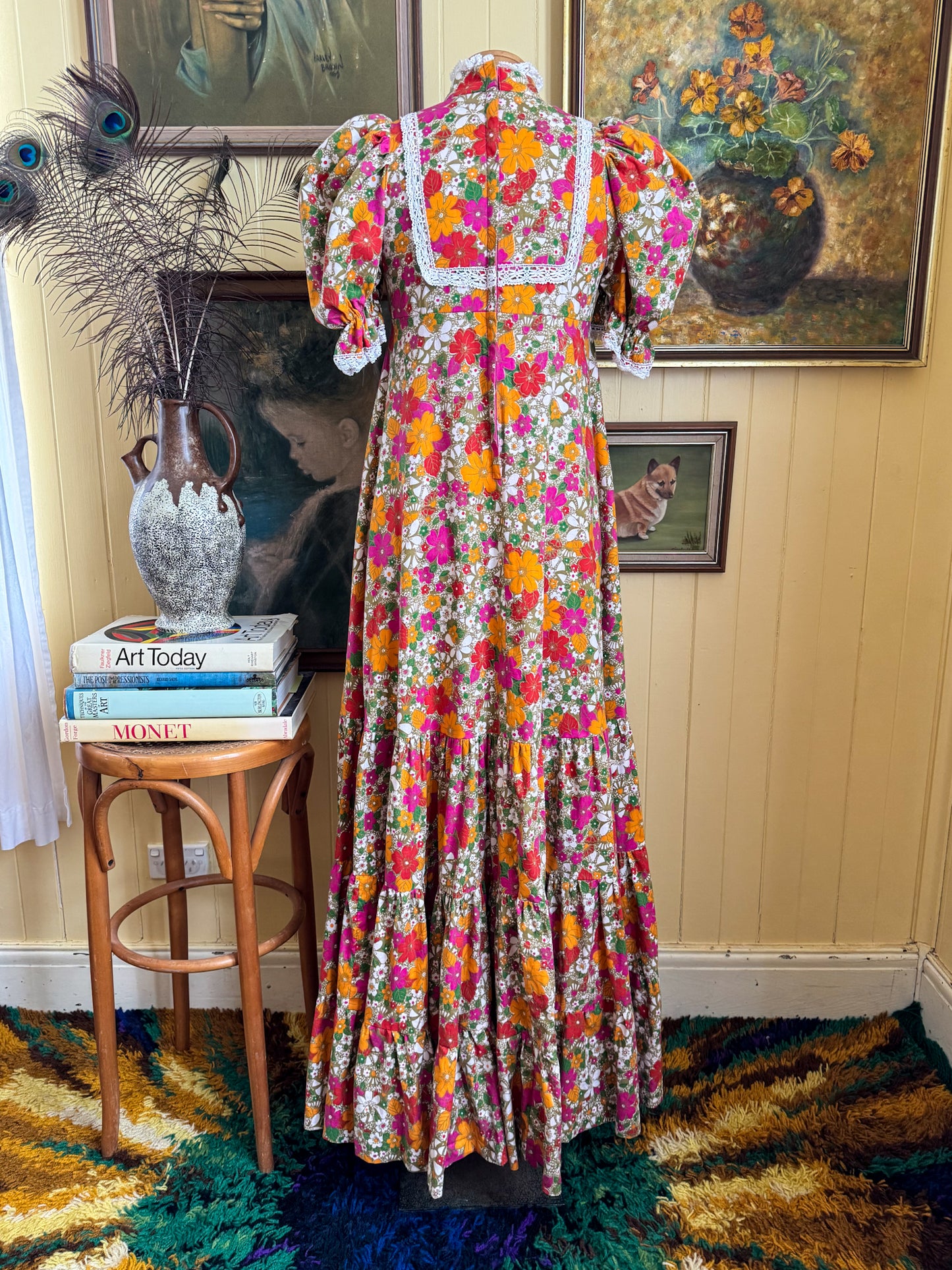 VINTAGE 1970S RARE AUSTRALIAN LAURA ASHLEY COTTON PRAIRIE MAXI DRESS XS