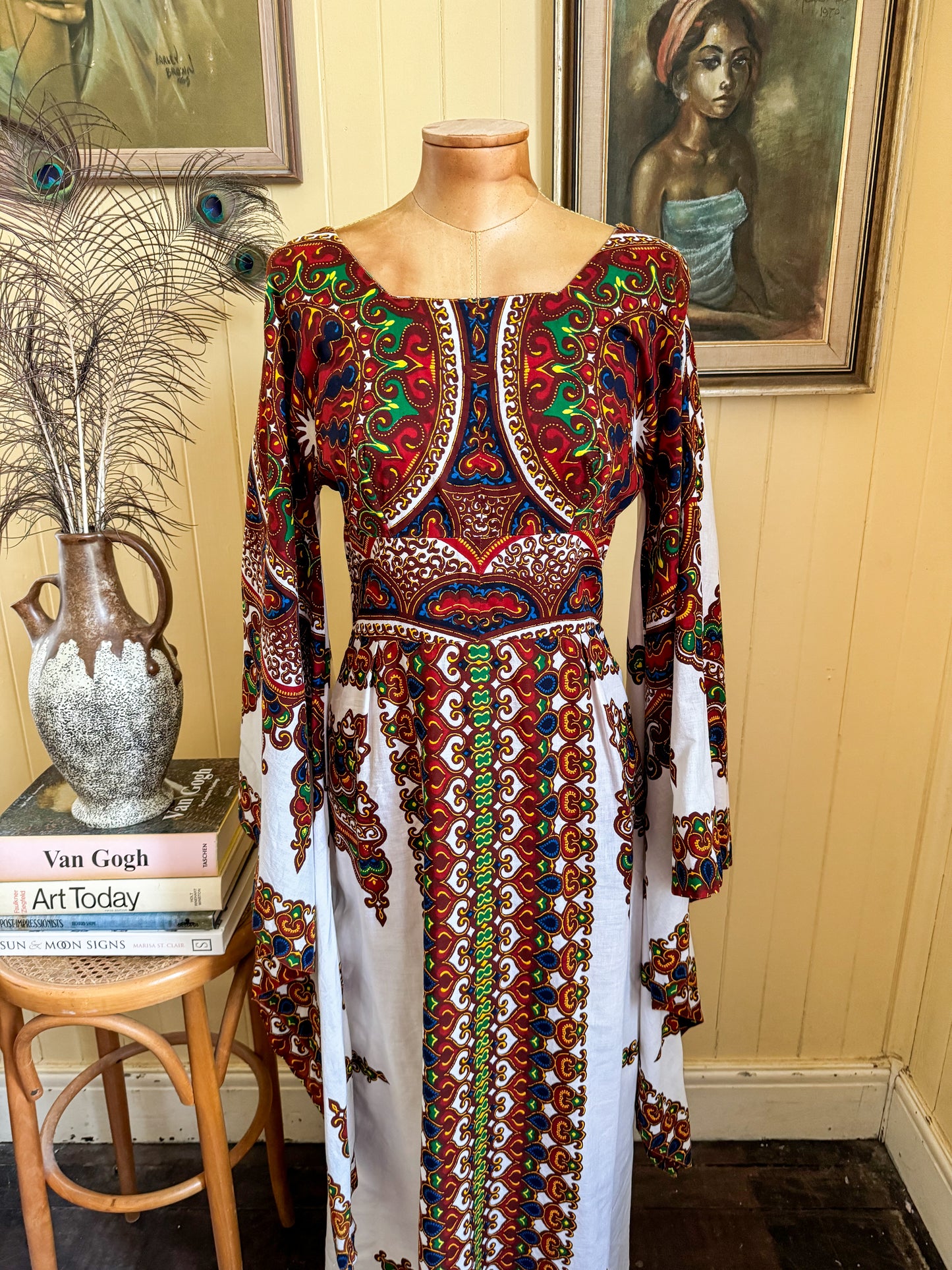 VINTAGE 1970S TWIGA BOU BOUDIMA COTTON PRINT ANGEL SLEEVE MAXI DRESS S