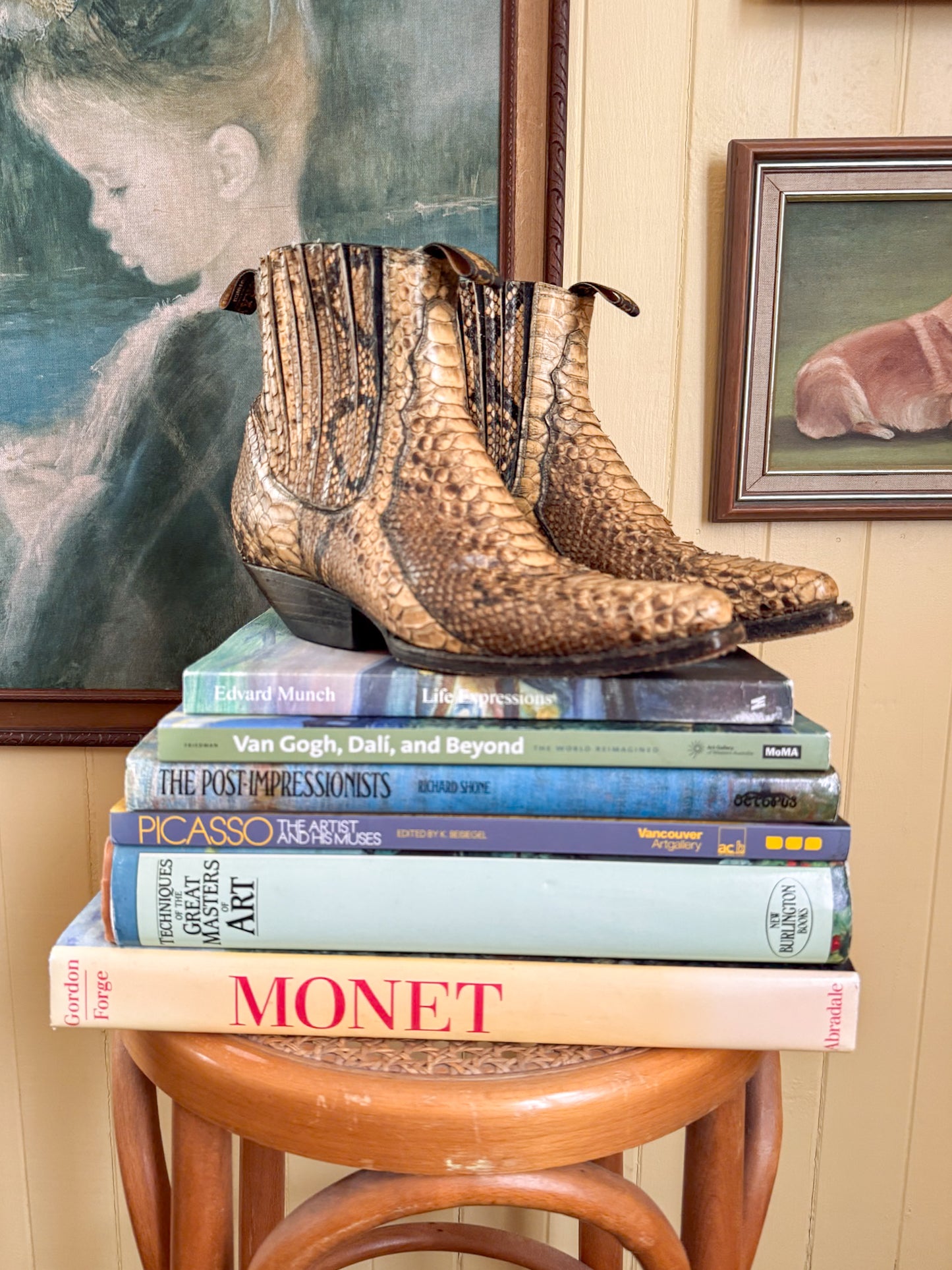 VINTAGE LA GRAN BOTA MEXICAN EXOTIC PYTHON SNAKESKIN LEATHER WESTERN ANKLE BOOTS 9.5/10