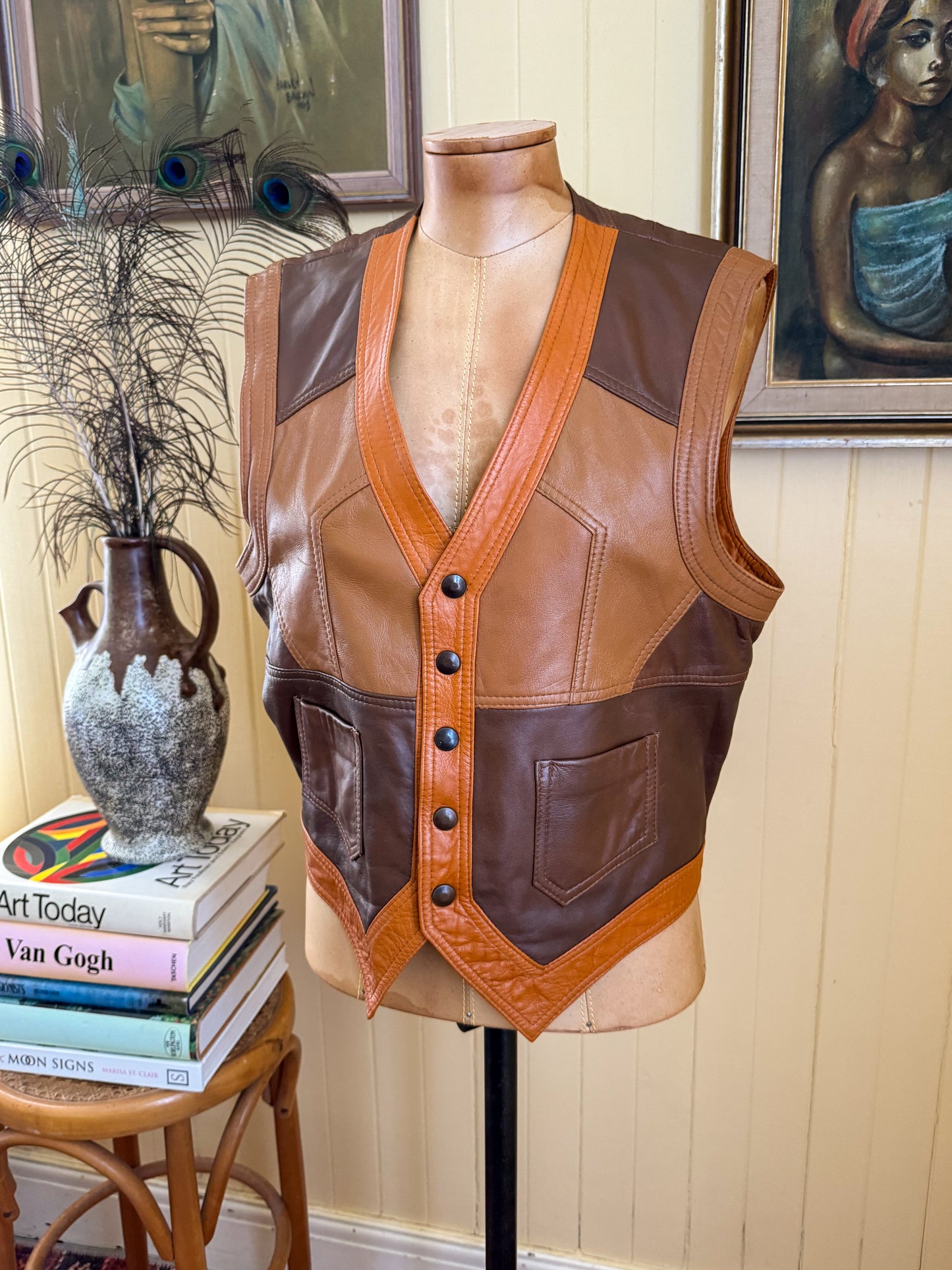 VINTAGE 1970S STEPHEN DATTNER PATCHWORK LEATHER WAISTCOAT VEST S/M