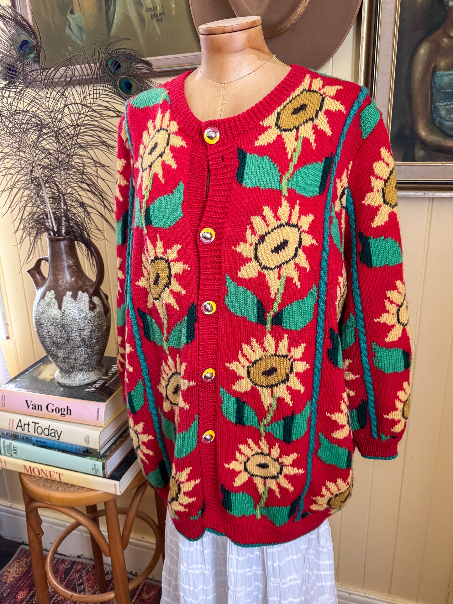 VINTAGE HAND KNITTED ACRYLIC SUNFLOWER MOTIF OVERSIZED CARDIGAN L/XL