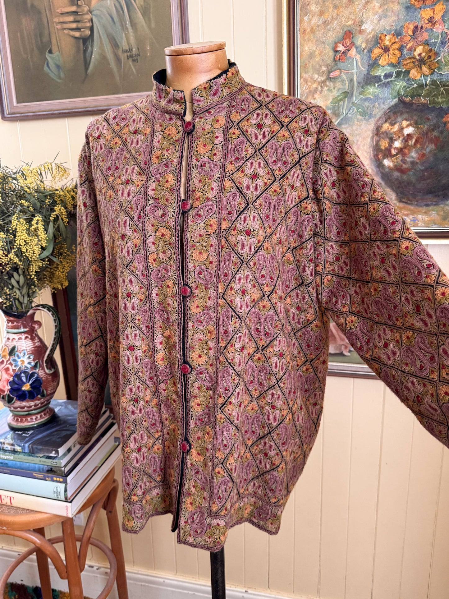 VINTAGE KASHMIR INDIAN PURE WOOL EMBROIDERED BUTTON THROUGH JACKET L