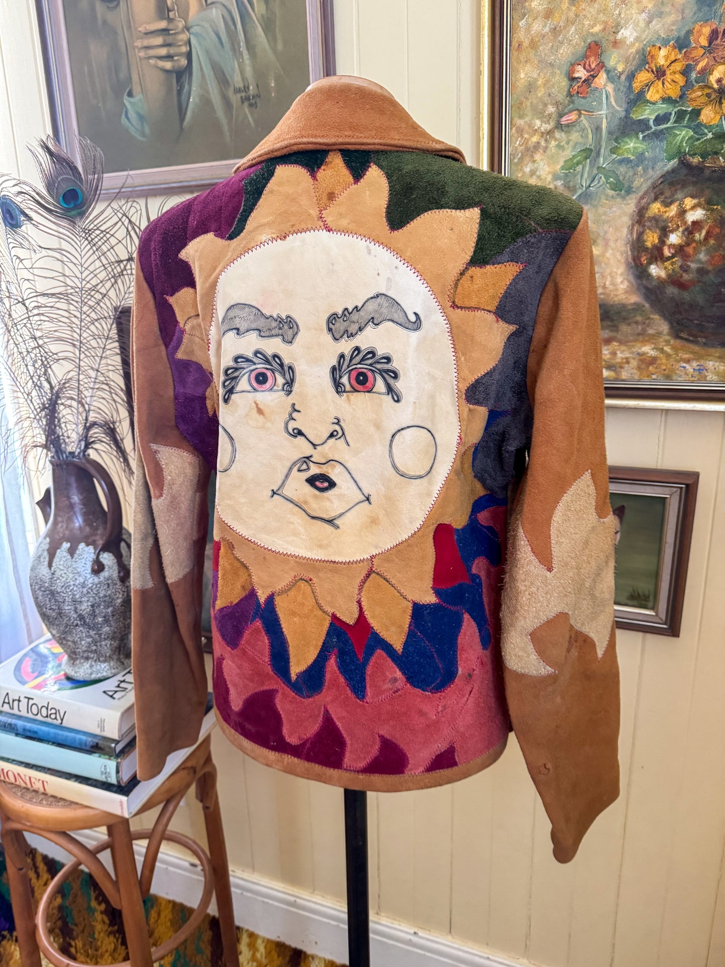 VINTAGE 1970S RARE BURRAY OLSON HAND PAINTED SUN PATCHWORK SUEDE LEATHER JACKET M