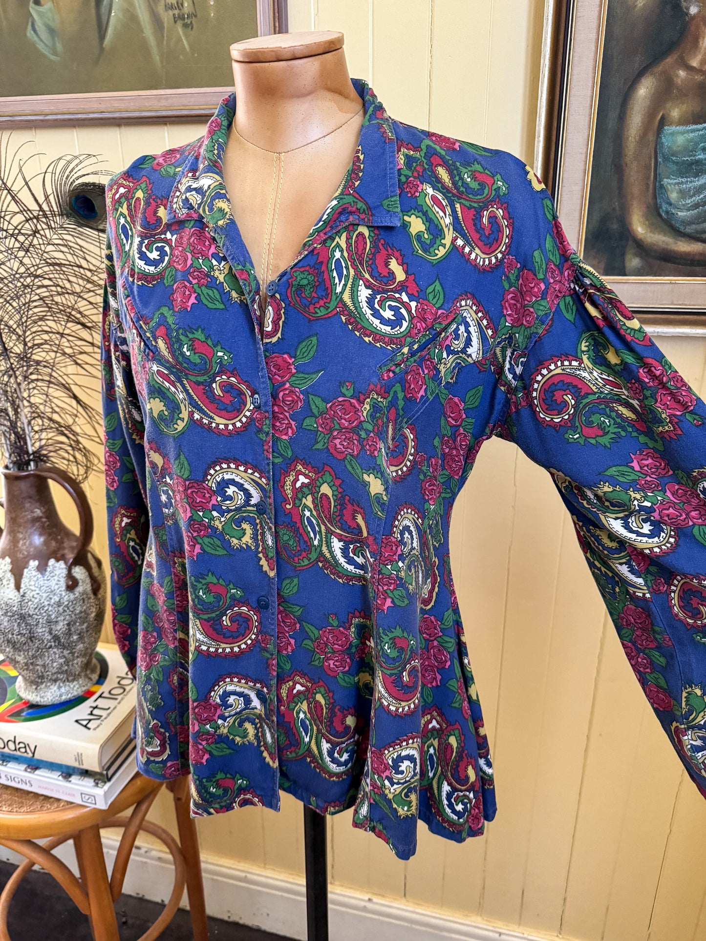 VINTAGE 1970S INDIAN COTTON PAISLEY BUTTON THROUGH BLOUSE M