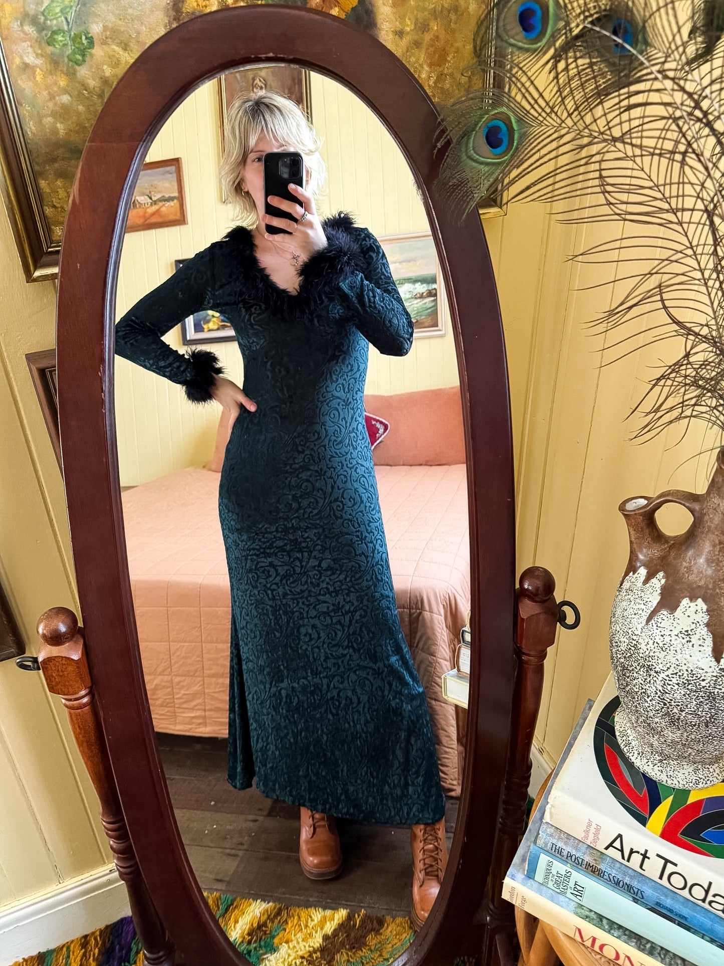 VINTAGE 1990S AUSTRALIAN MISTS OF AVALON VELVET BURNOUT FEATHER MAXI DRESS S/M