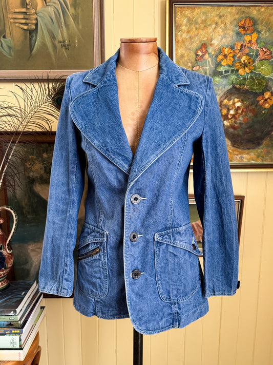 VINTAGE 1970S FADED GLORY COTTON DENIM FITTED BLAZER JACKET XS/S