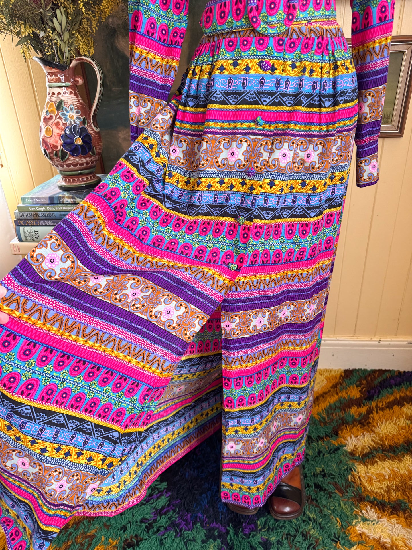 VINTAGE 1970S ALEX COLEMAN PSYCHEDELIC PRINT BUTTON THROUGH BELTED MAXI SHIRT DRESS M/L