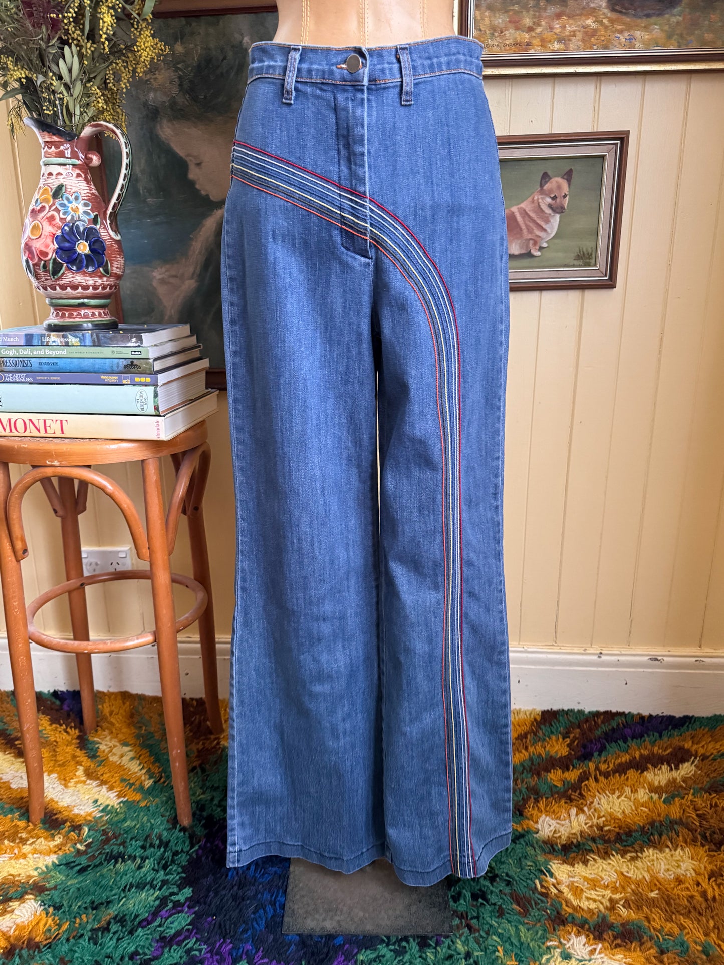 VINTAGE 1990S DOES 1970S USA FERVOUR HIGH WAIST RAINBOW STITCH DENIM FLARED JEANS M
