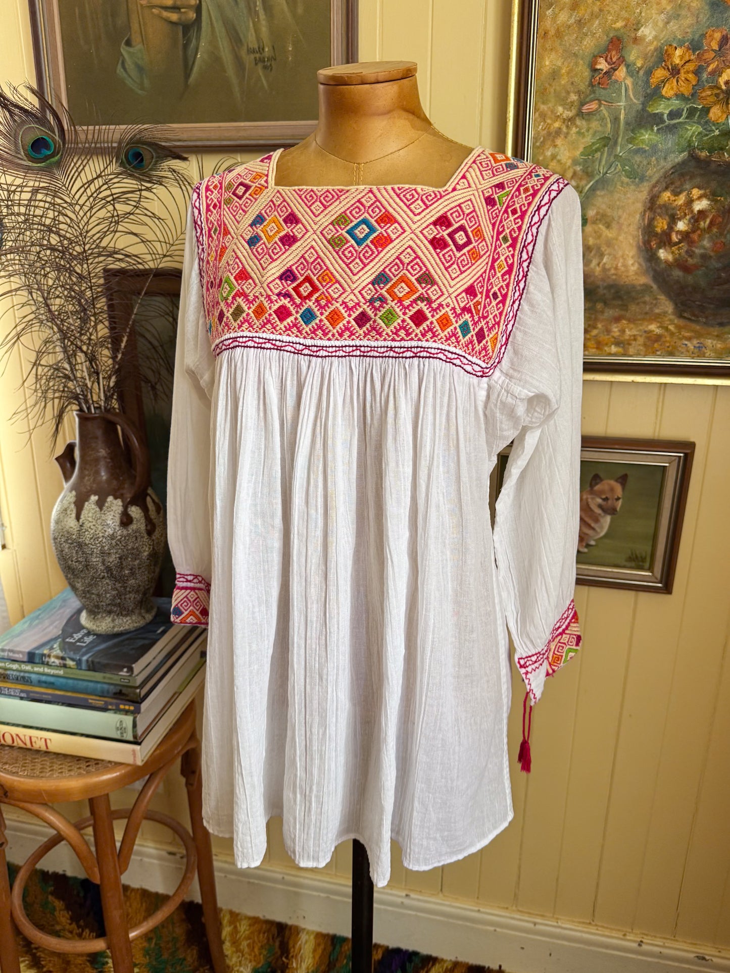 HANDMADE MEXICAN EMBROIDERED COTTON TUNIC BLOUSE M