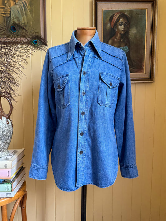 VINTAGE 1970S AMCO COTTON DENIM PATCH POCKET SHIRT JACKET S/M