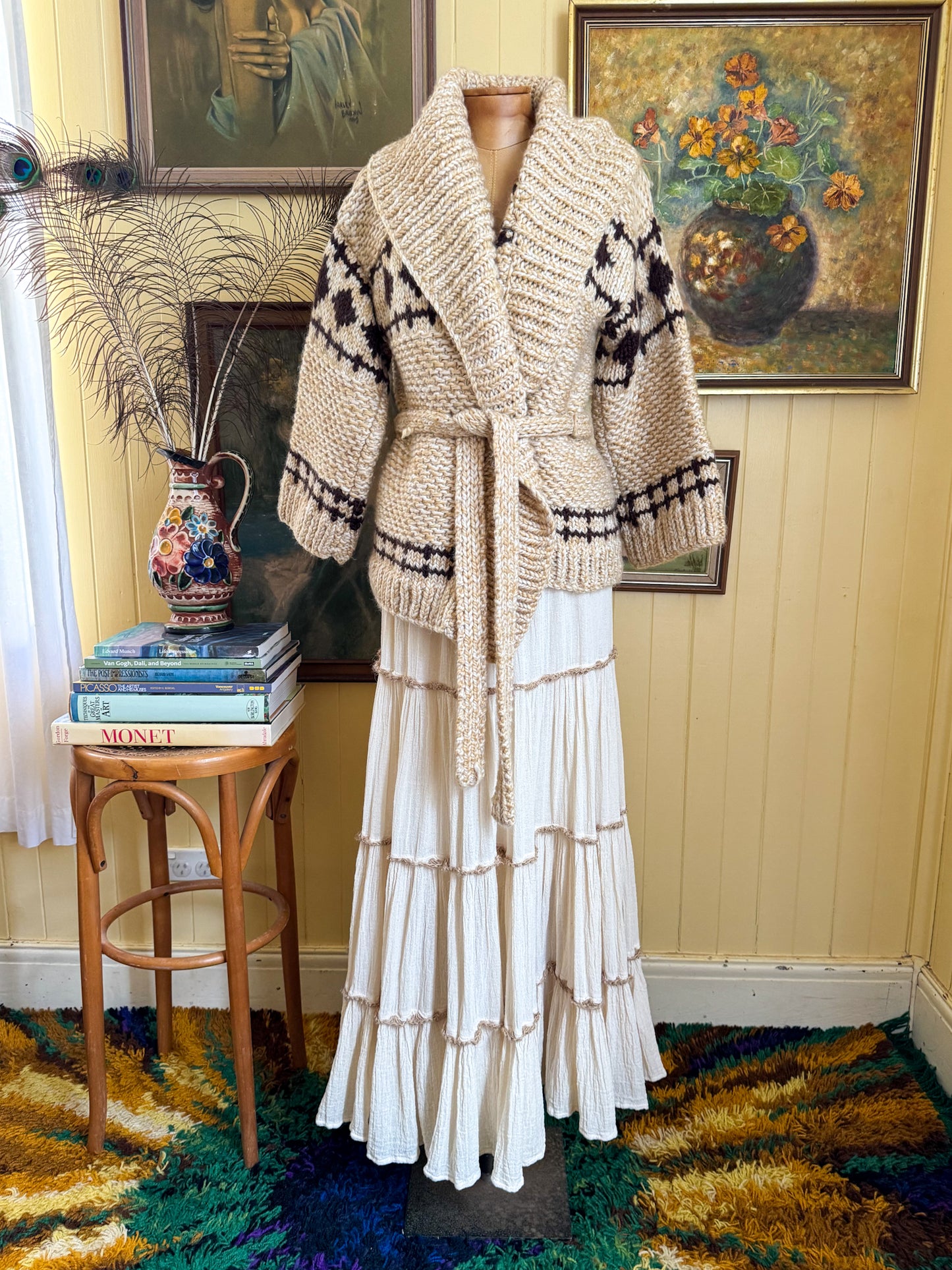 VINTAGE 1970S WOOL HAND KNIT STARSKY AND HUTCH CHUNKY KNIT WRAP CARDIGAN S