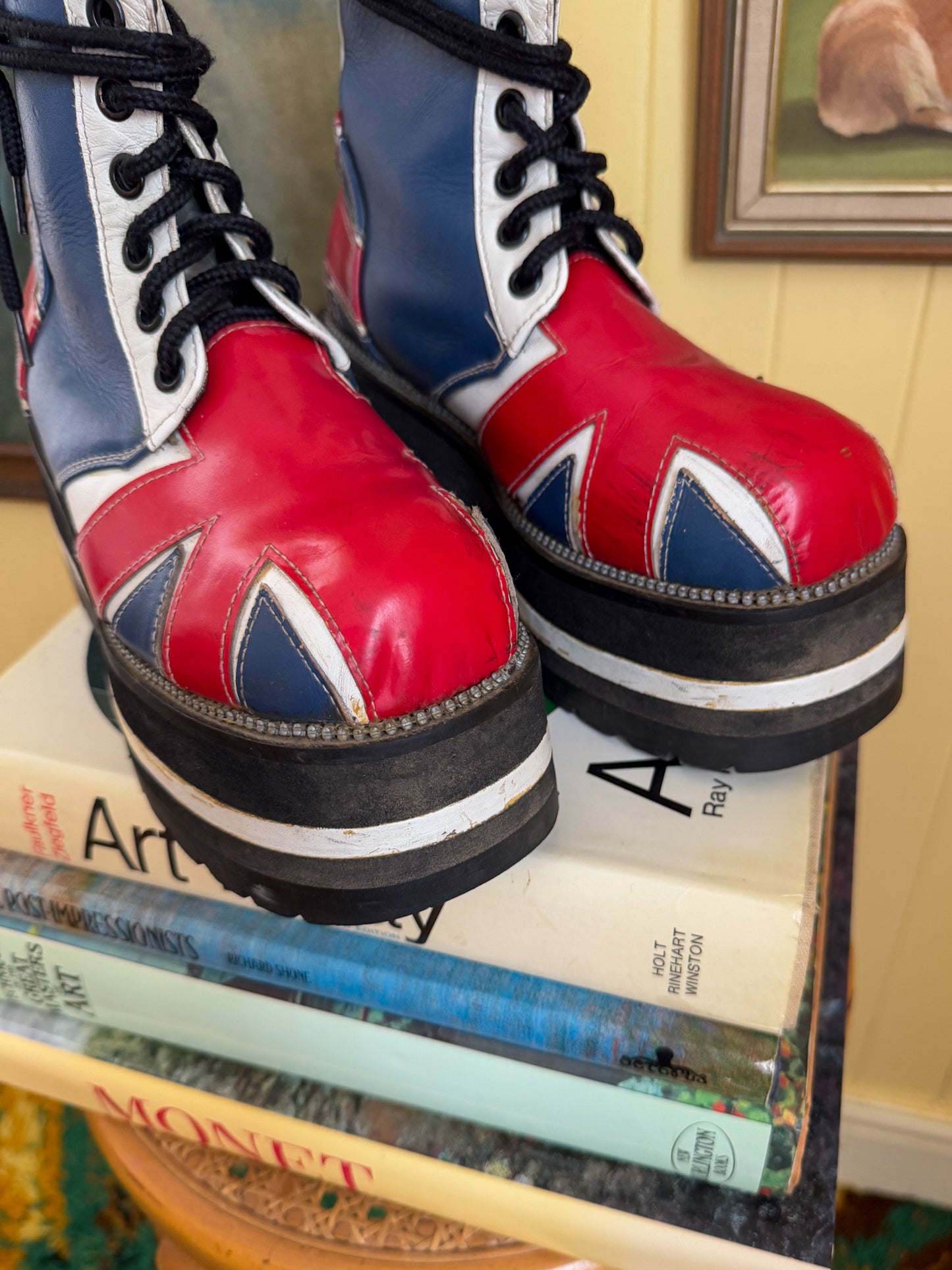 VINTAGE 1990S RARE ITALIAN VANGUARD UNION JACK LEATHER PLATFORM DIESEL SOLE BOOTS 8/38-39