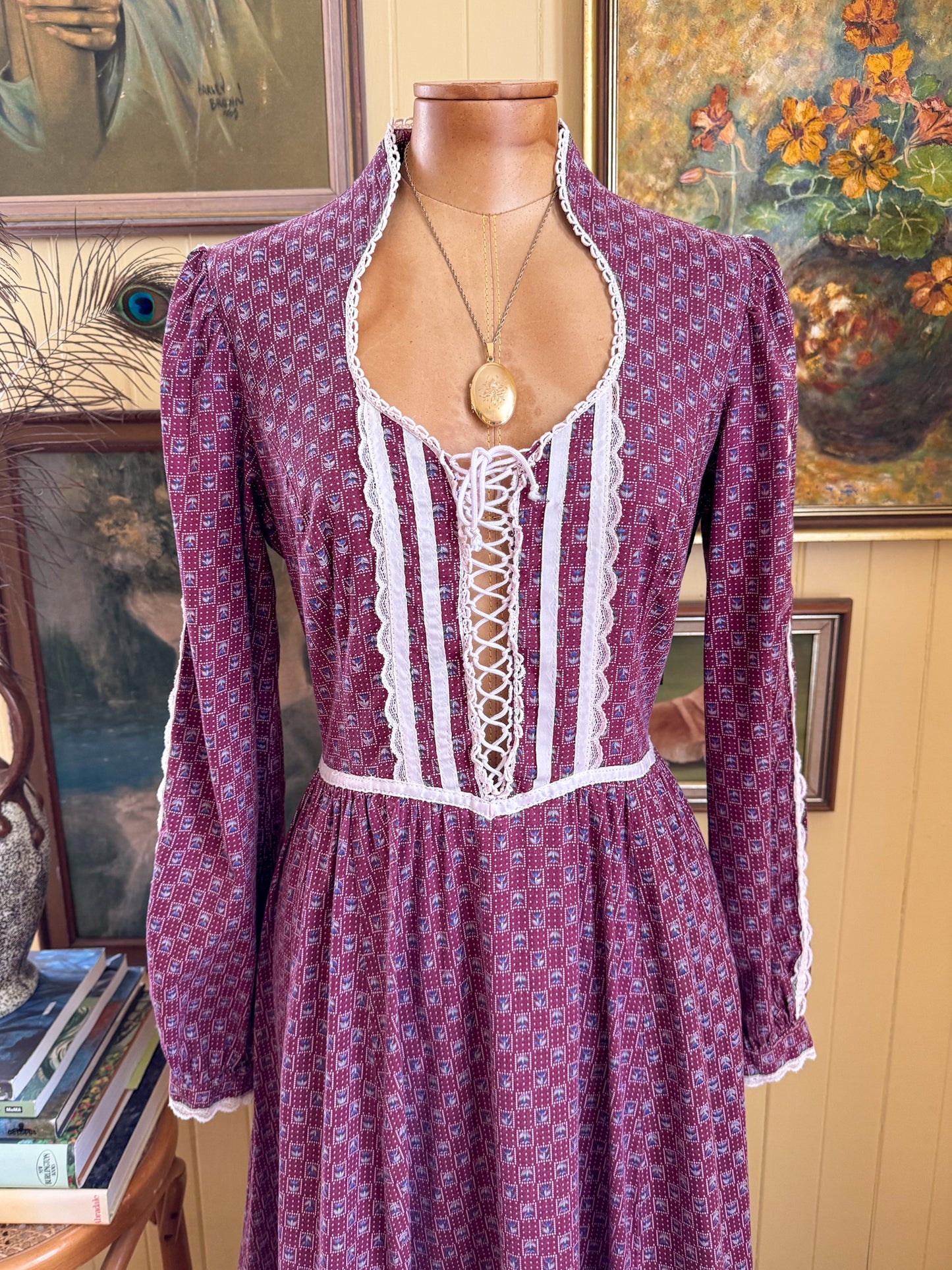 VINTAGE 1970S GUNNE SAX COTTON FLORAL PRINT LACE PRAIRIE MAXI DRESS S/M