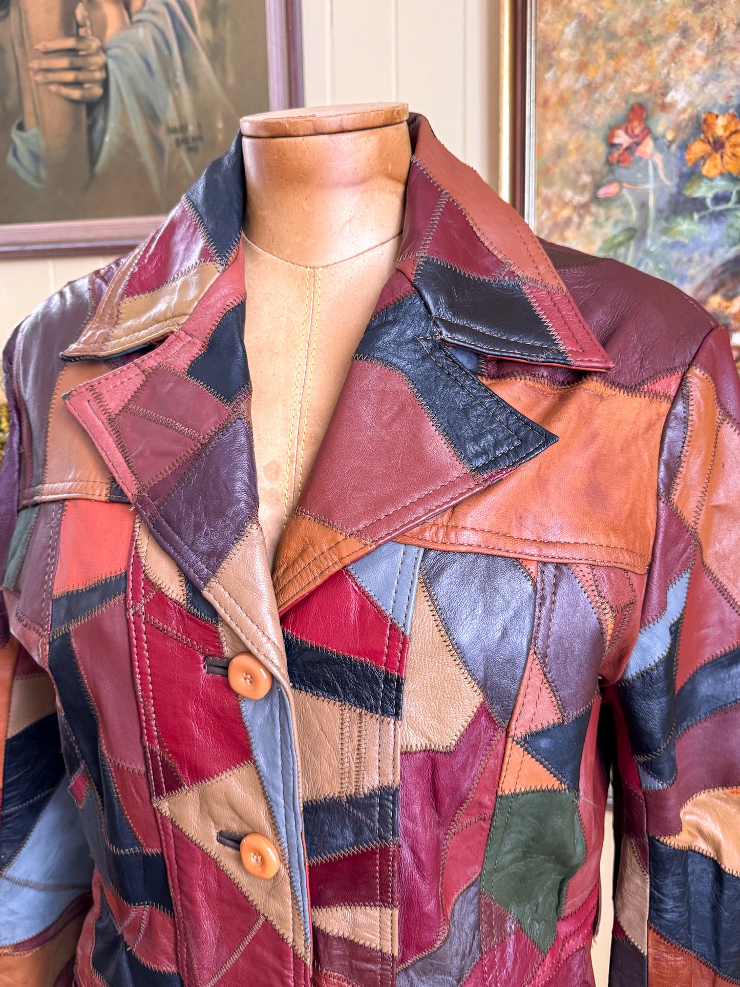 VINTAGE 1970S KOREAN PATCHWORK LEATHER BLAZER JACKET S/M