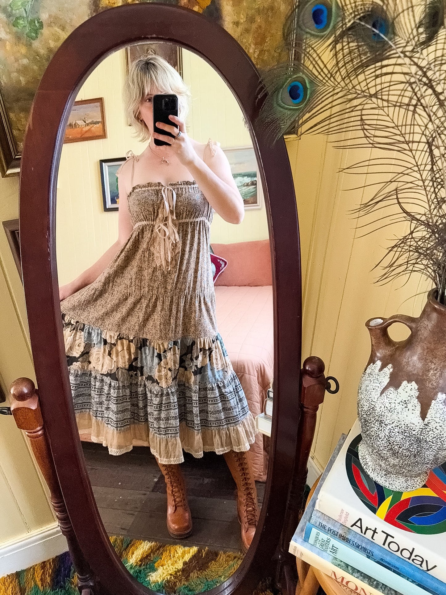 VINTAGE 1970S SALLY BROWNE COTTON TIERED LACE + RIBBON MIDI SUN DRESS S/M