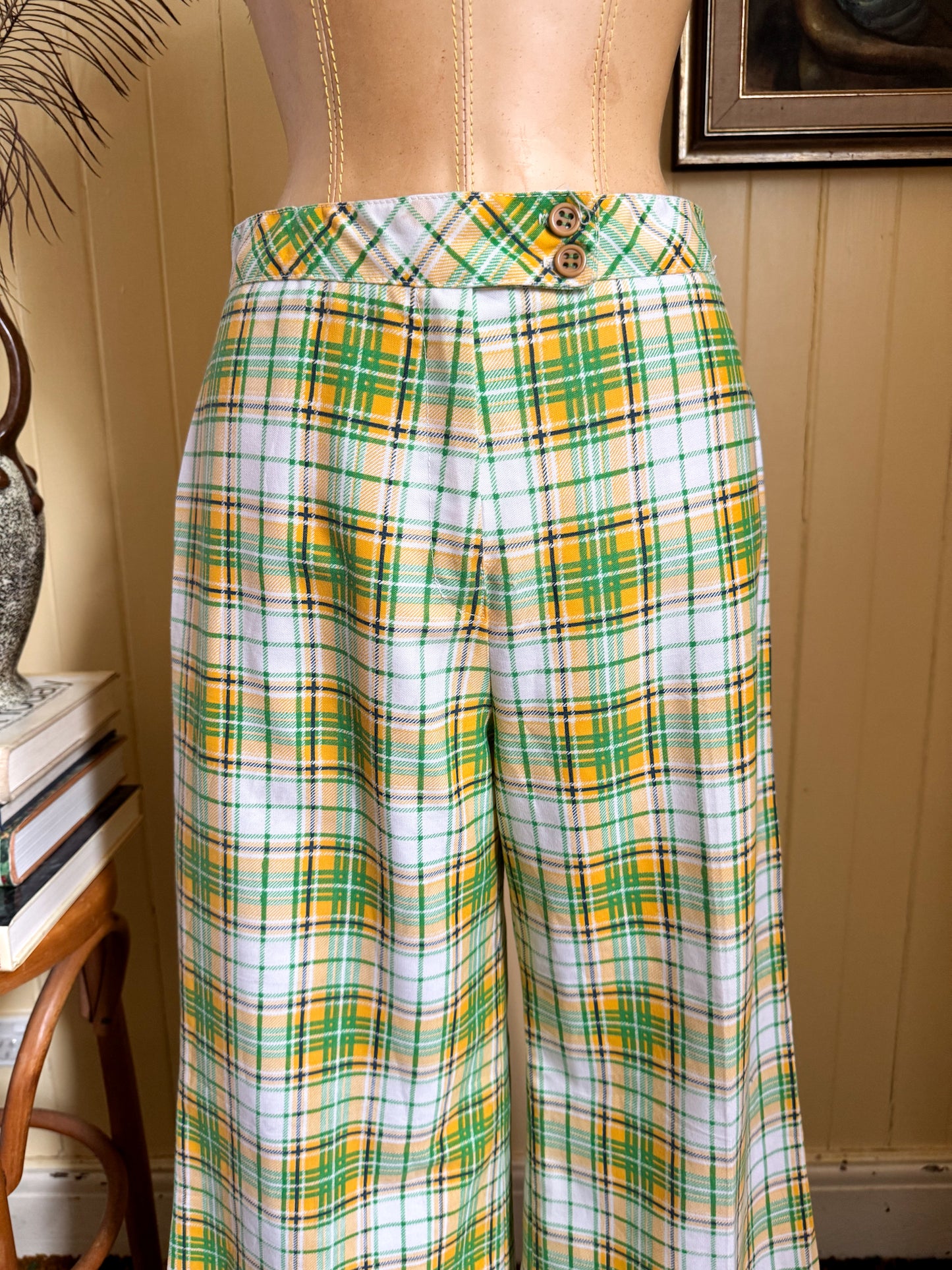 VINTAGE 1970S BRONSONS OF CALIFORNIA WOVEN PLAID WIDE LEG CUFFED PANTS M