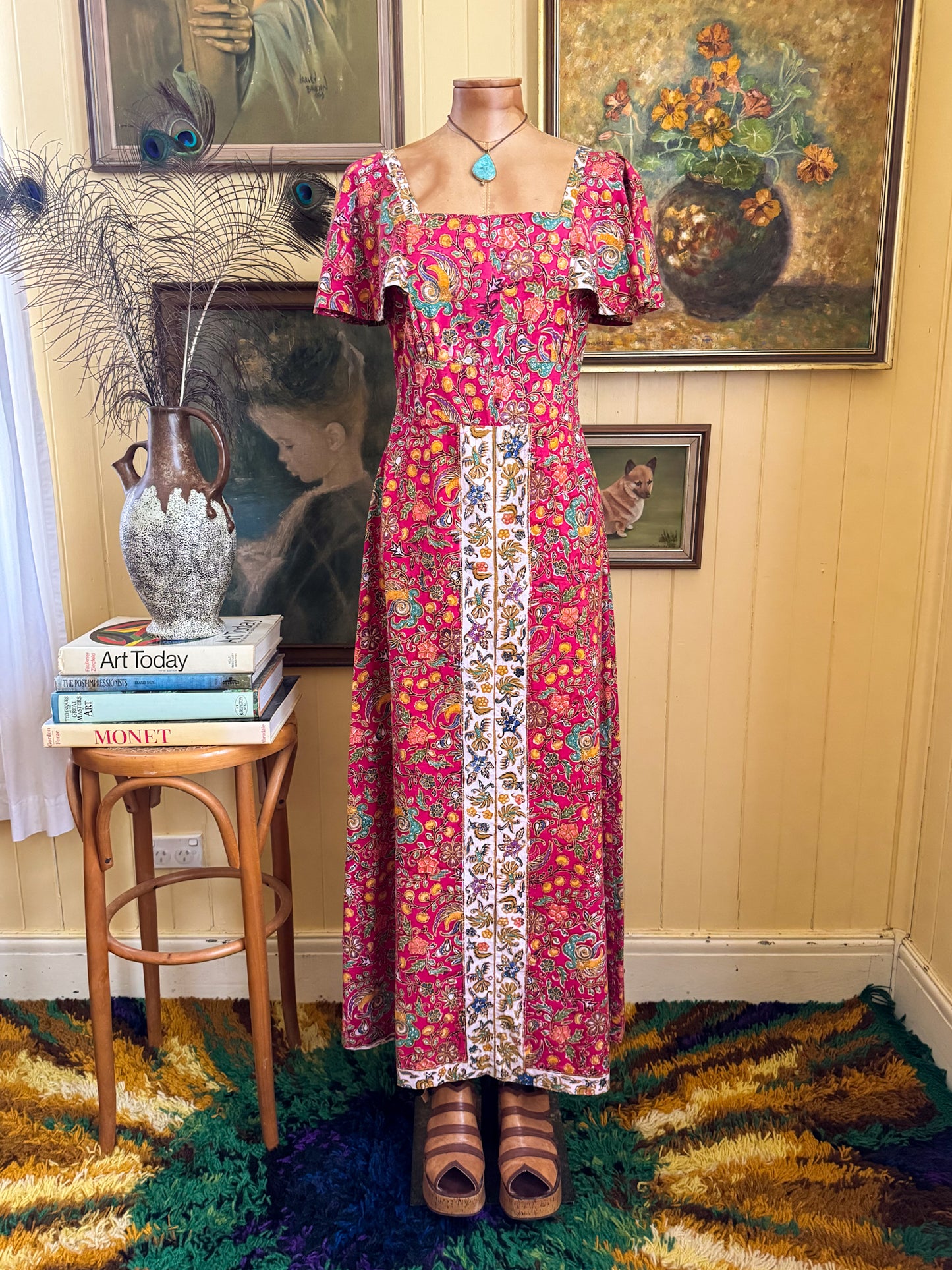VINTAGE 1970S JAPANESE COTTON BATIK PRINT MAXI PEASANT DRESS S/M