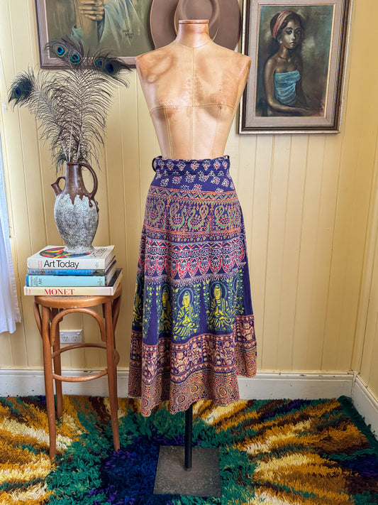 VINTAGE 1990S INDIAN COTTON BLOCK PRINT WRAP MIDI SKIRT S/M
