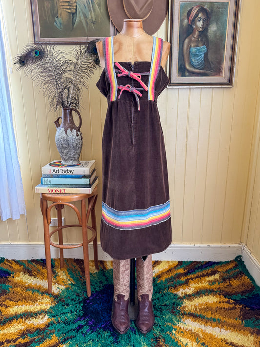 VINTAGE 1970S ENGLISH PRET A PORTER COTTON BLEND CORDUROY PINAFORE DRESS M/L