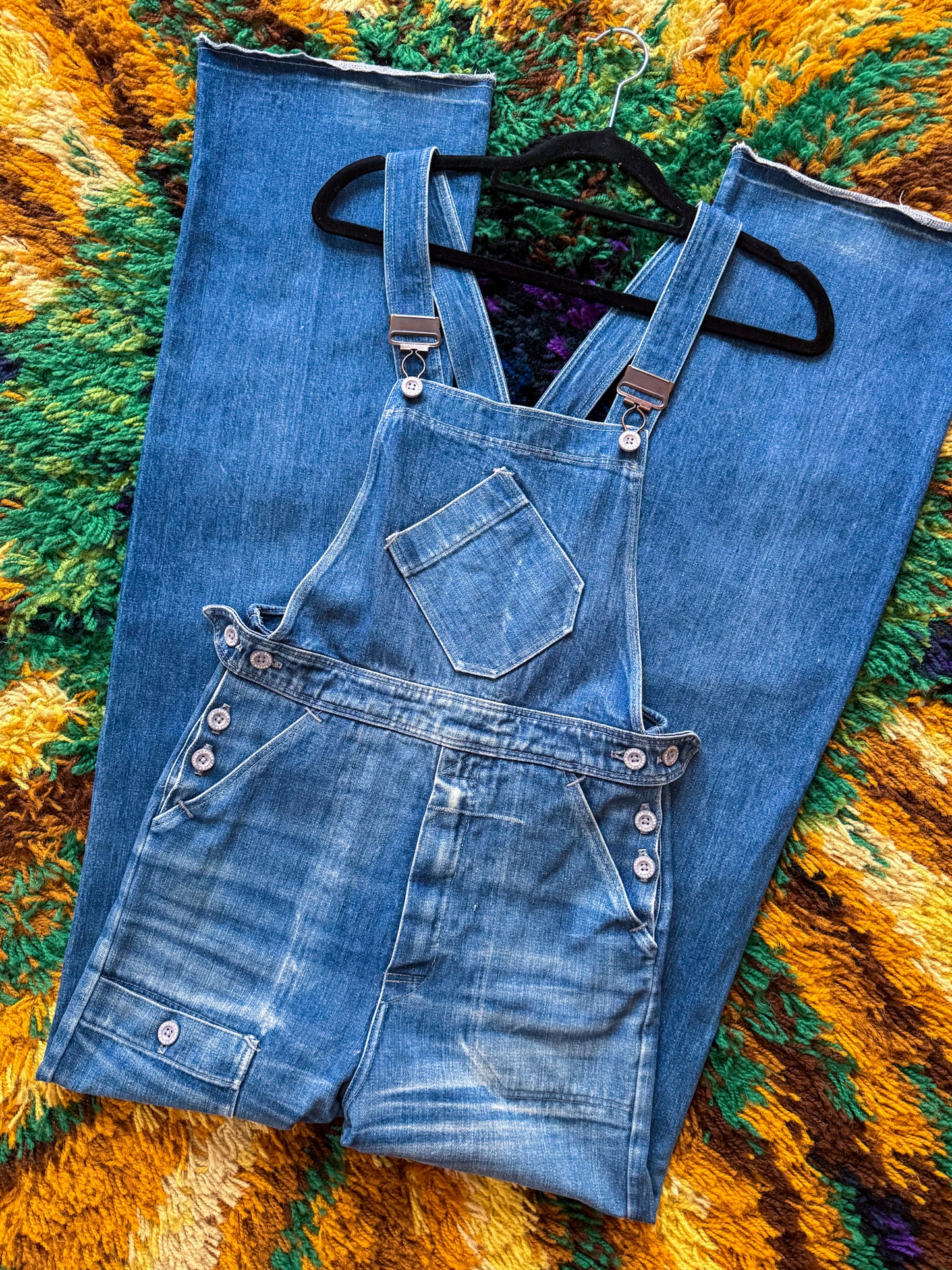 VINTAGE 1970S ENGLISH INEGA COTTON DENIM STRAIGHT LEG DUNGAREES OVERALLS XS