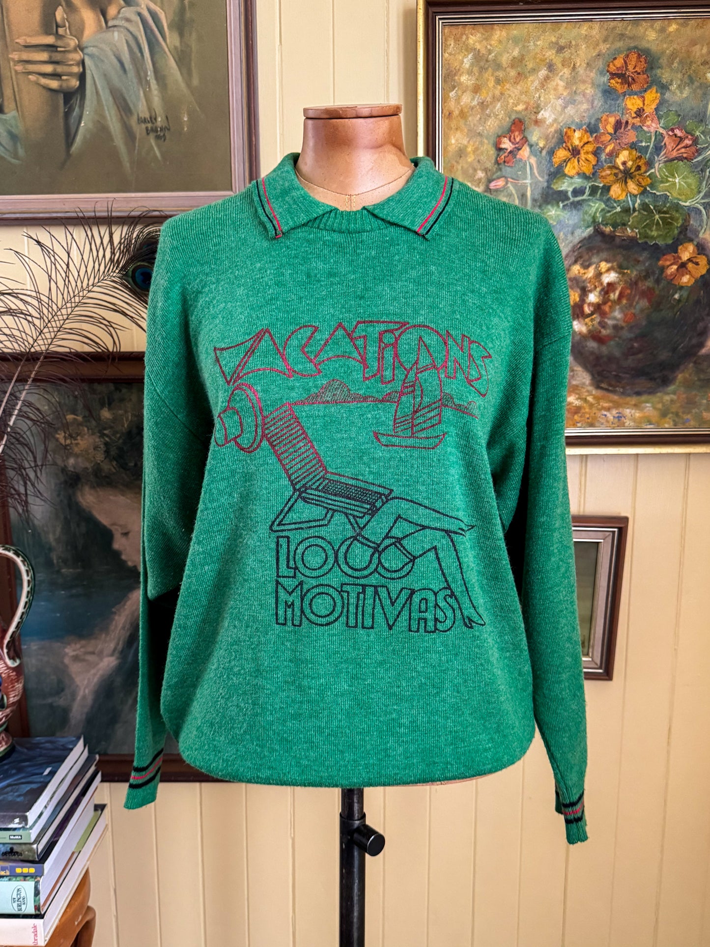 VINTAGE 1970S OSWAL ROSYWOOL SPORTSWEAR ‘VACATION’ PRINT WOOLLEN LONG SLEEVE KNIT JUMPER M