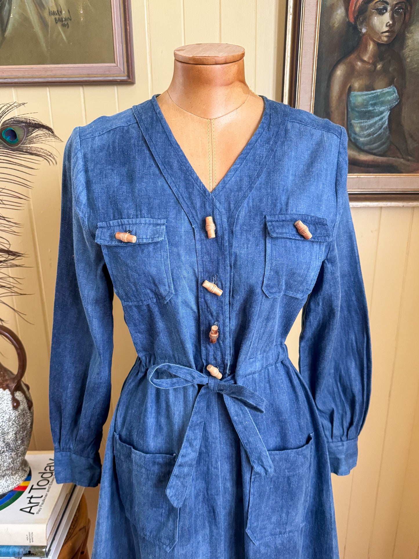 VINTAGE 1970S RENEY BLANT COTTON DENIM MIDI SHIRT DRESS S/M