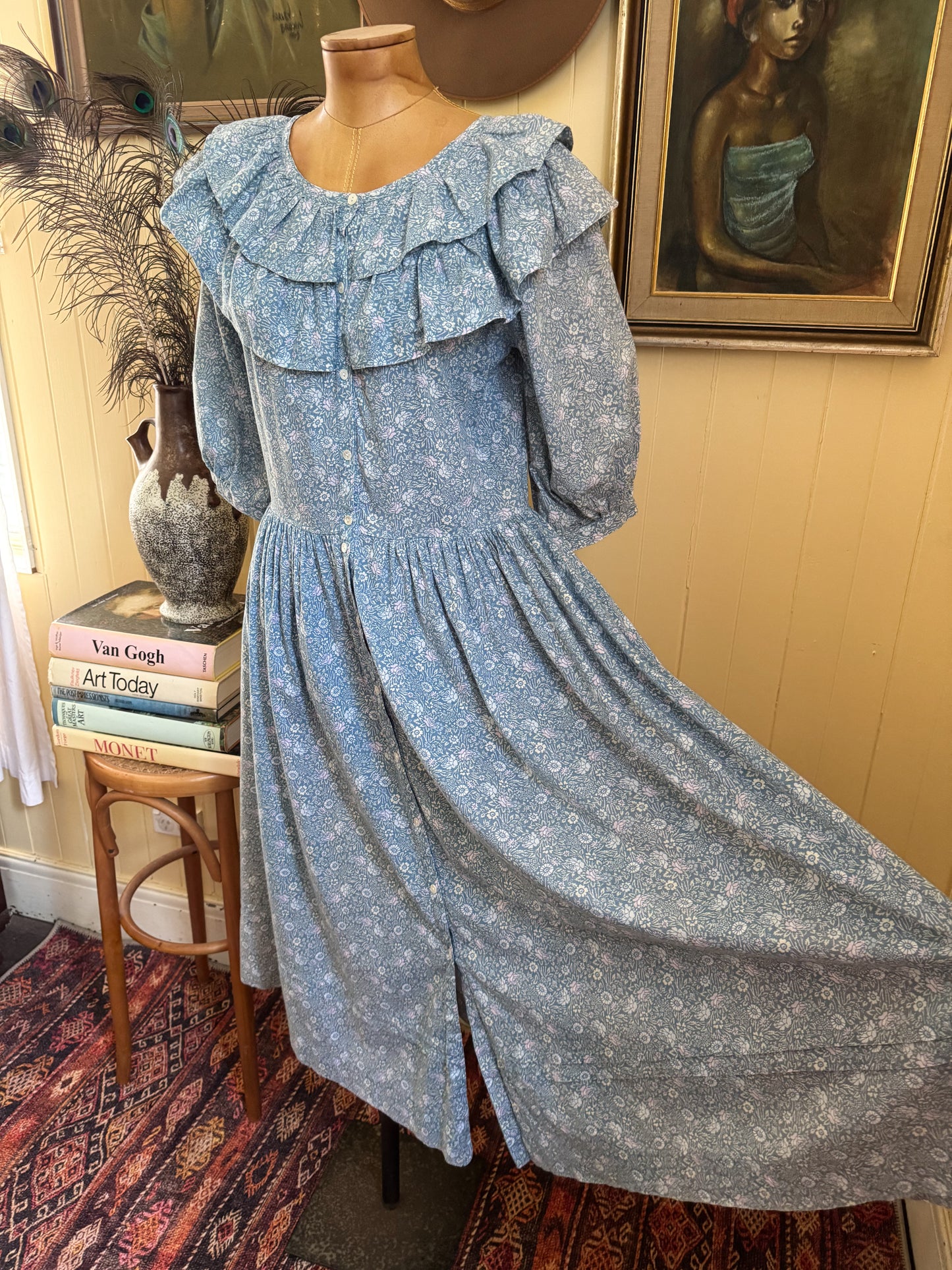 VINTAGE 1980S LAURA ASHLEY CARNO WALES COTTON FLORAL RUFFLE PRAIRIE DRESS M