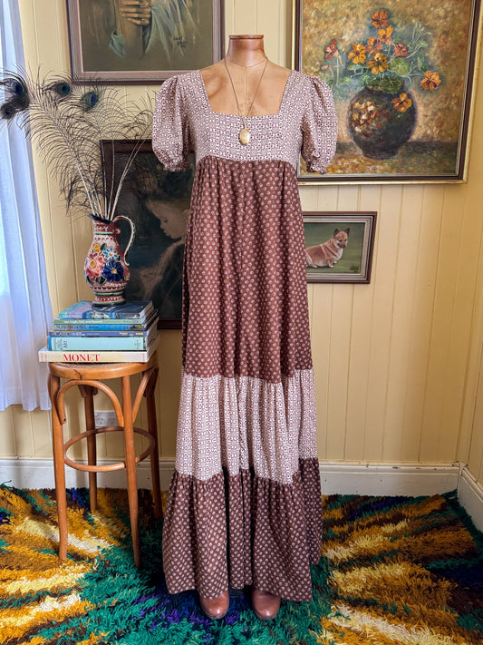 VINTAGE 1970S HANDMADE COTTON FLORAL PRINT MAXI PRAIRIE DRESS S
