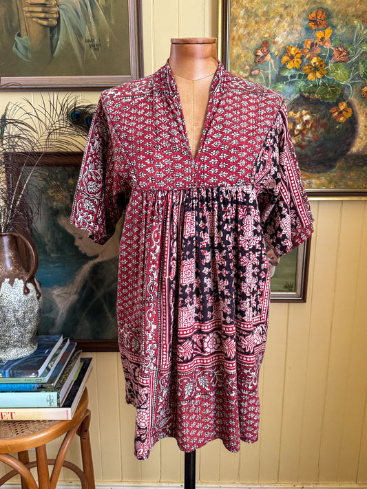 VINTAGE 1970S CHELSEA GIRL INDIAN COTTON BLOCK PRINT TUNIC TOP S/M