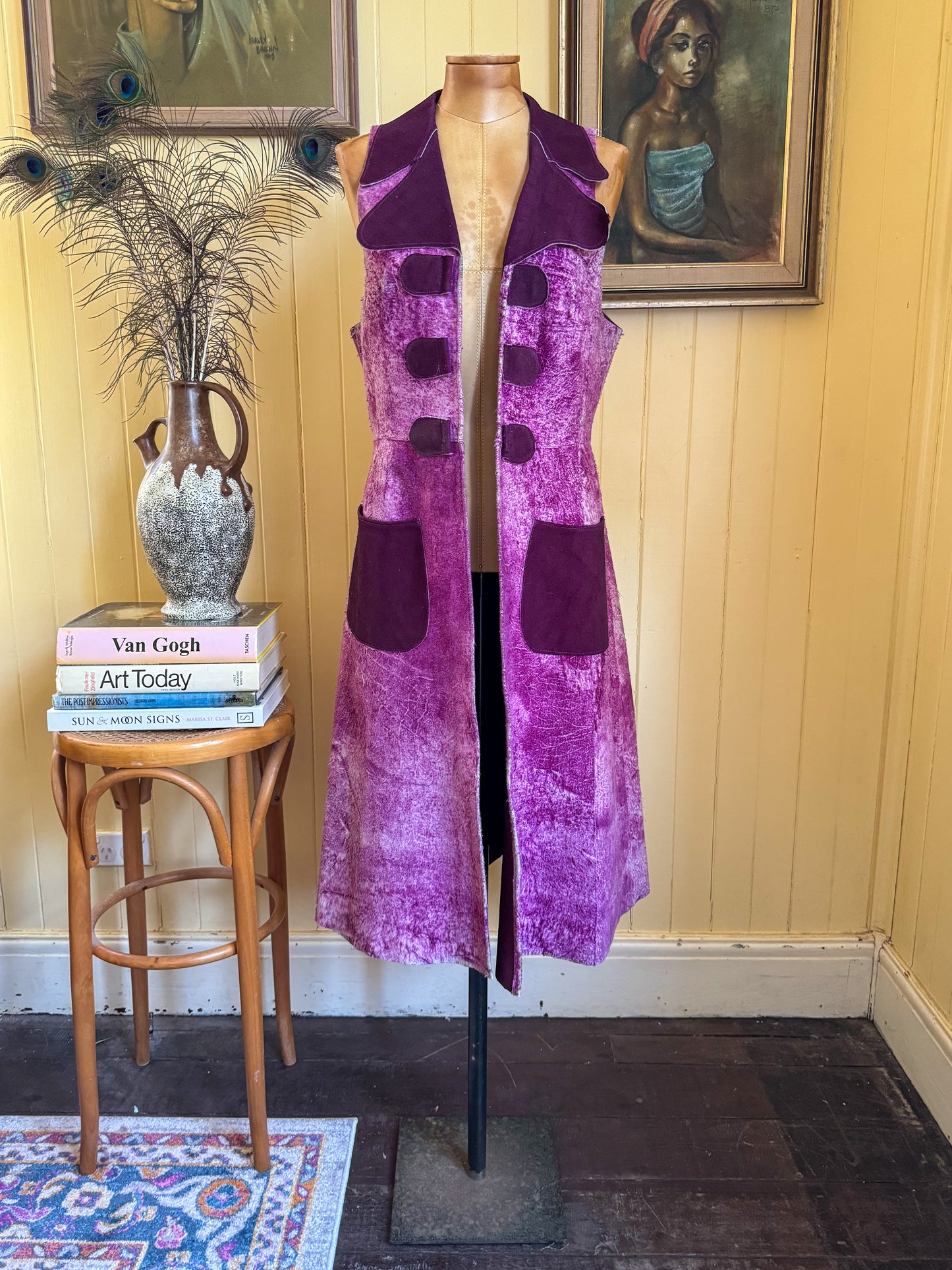 VINTAGE 1970S PURPLE ACID WASH SUEDE LEATHER MAXI WAISTCOAT VEST S