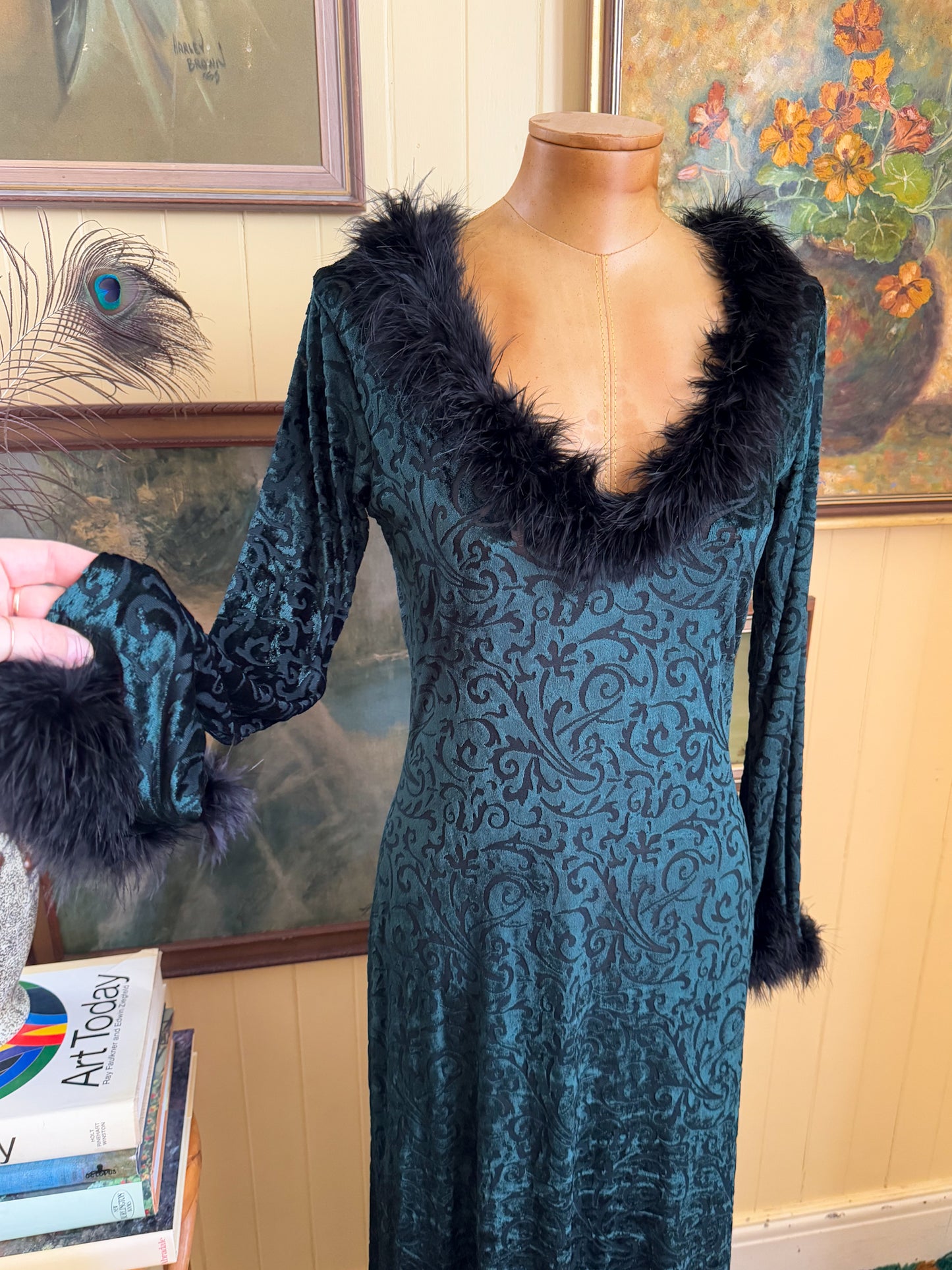 VINTAGE 1990S AUSTRALIAN MISTS OF AVALON VELVET BURNOUT FEATHER MAXI DRESS S/M