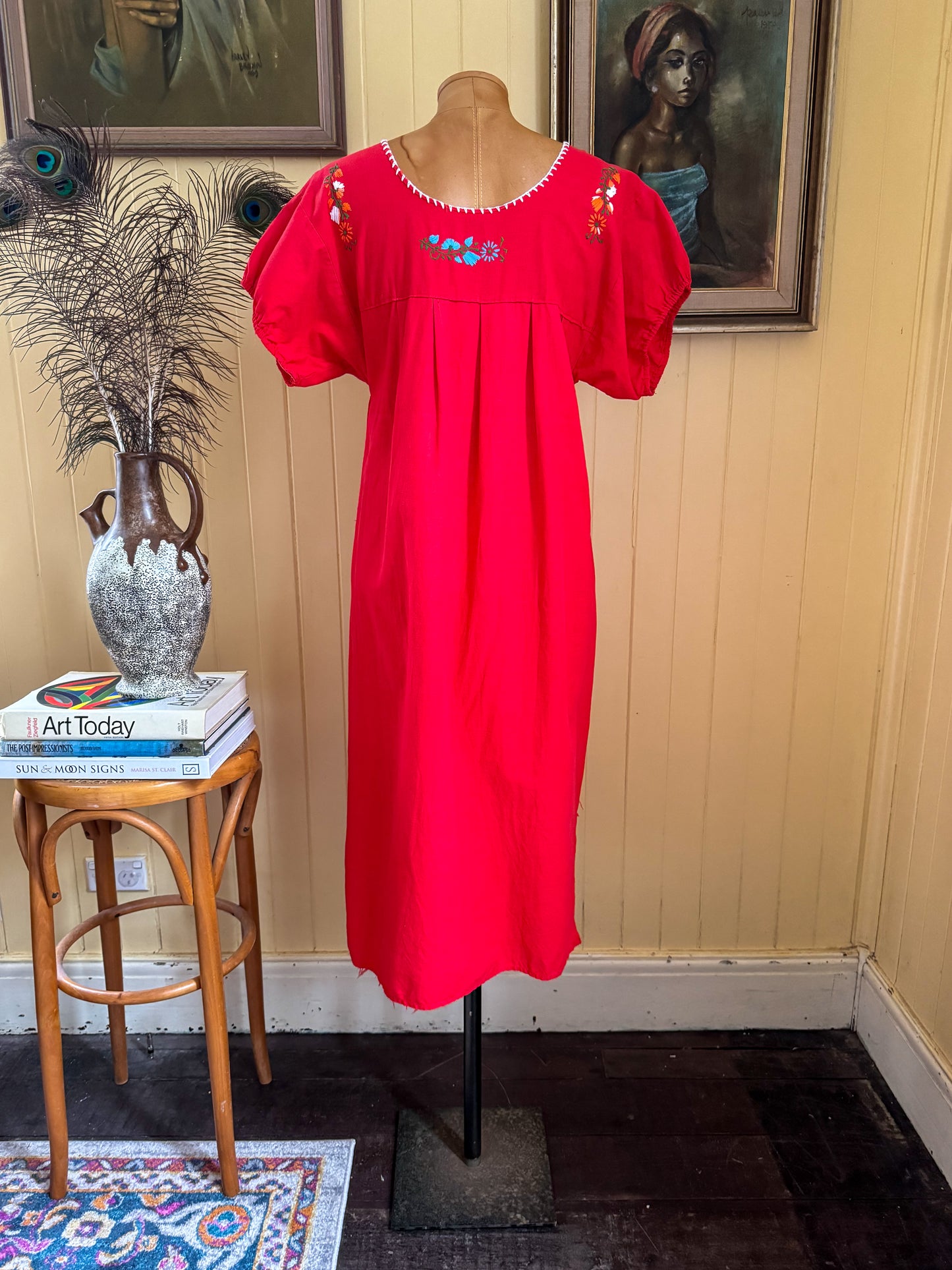 VINTAGE 1980S MEXICAN COTTON EMBROIDERED SMOCK MIDI DRESS S/M