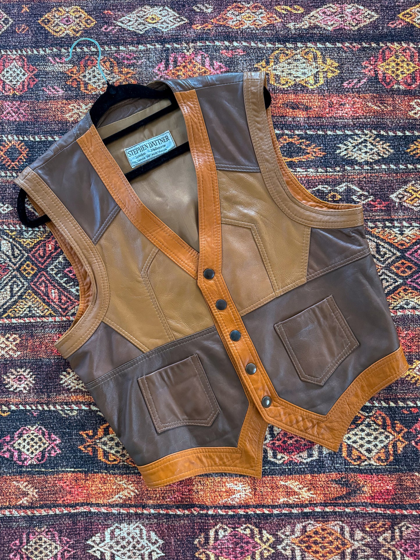 VINTAGE 1970S STEPHEN DATTNER PATCHWORK LEATHER WAISTCOAT VEST S/M