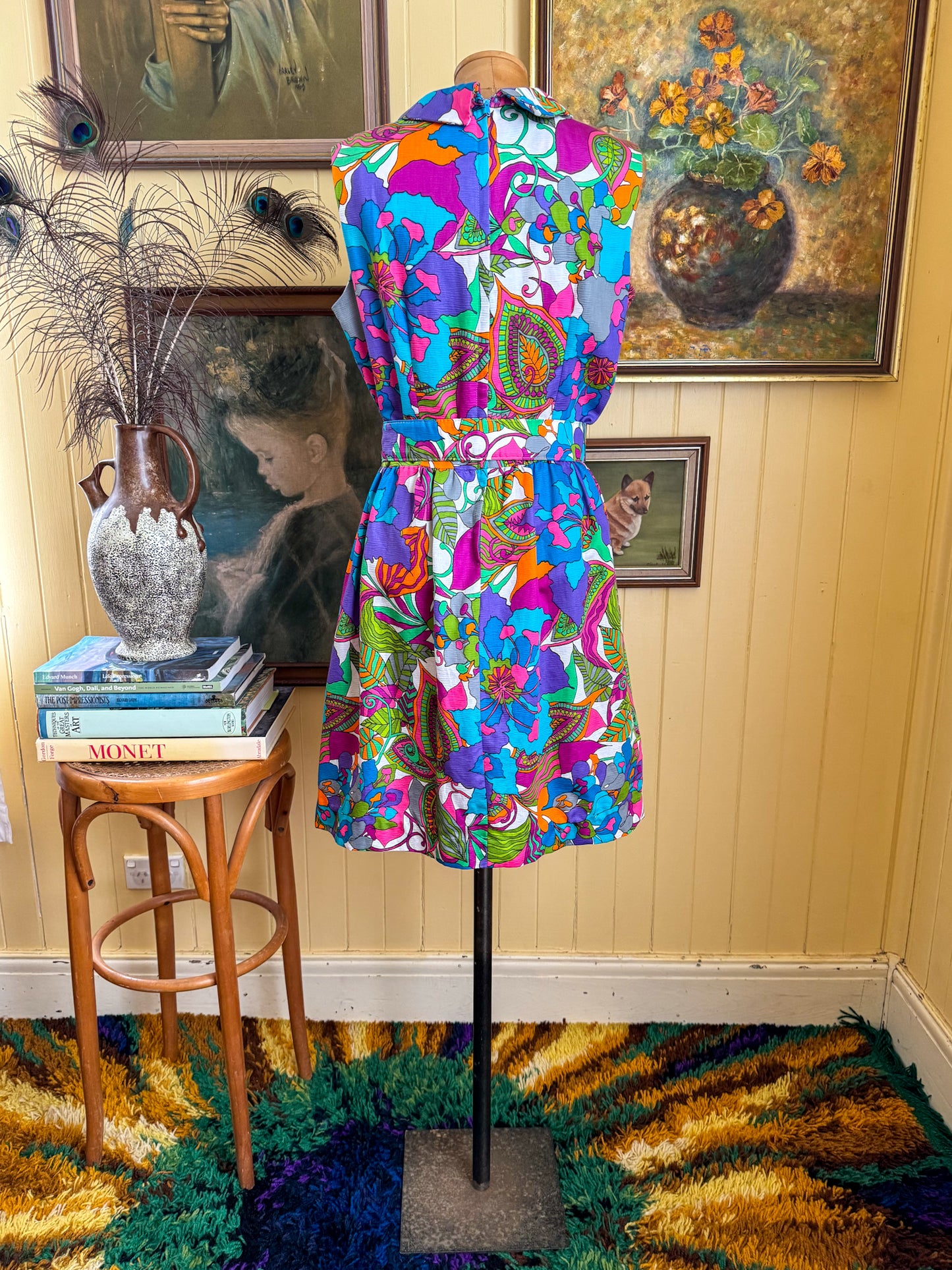 VINTAGE 1960S CINDY JUNIORS POLY FLOWER PRINT ZIP RUFFLE FRONT BELTED PARTY DRESS M