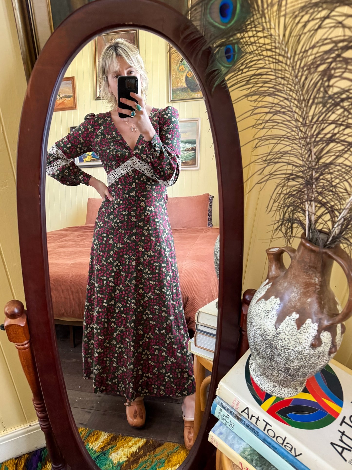 VINTAGE 1970S RICHARD SHOPS COTTON FLORAL PRINT MAXI PRAIRIE DRESS S/M
