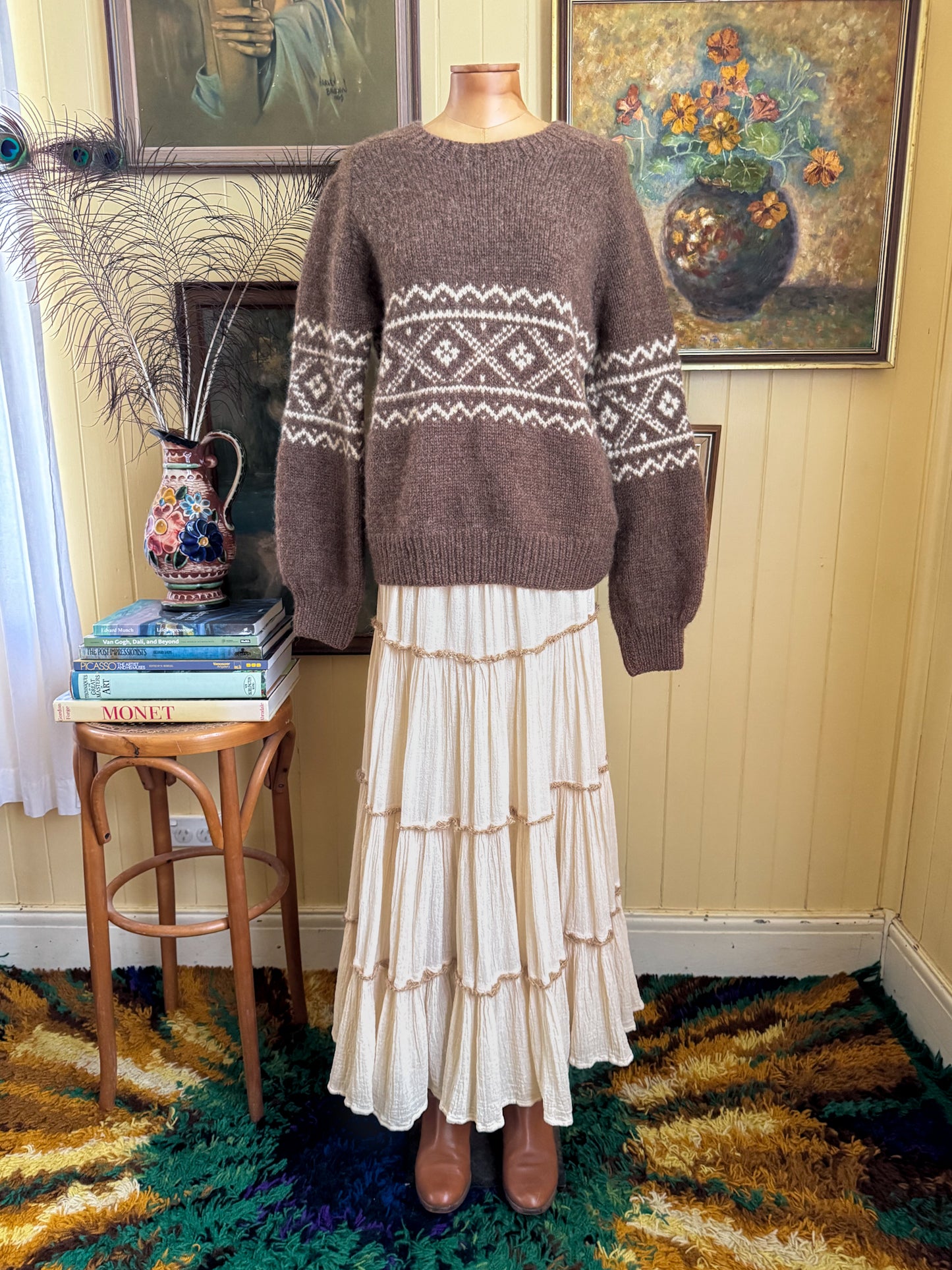 VINTAGE HANDMADE COCOA BROWN WOOLLEN MOTIF KNIT JUMPER S/M