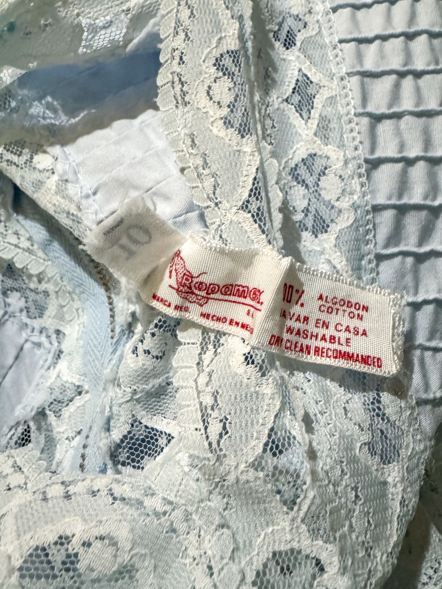 VINTAGE 1970S RODAMEX MEXICAN PURE COTTON BABY BLUE LACE INSERT MAXI DRESS XS/S