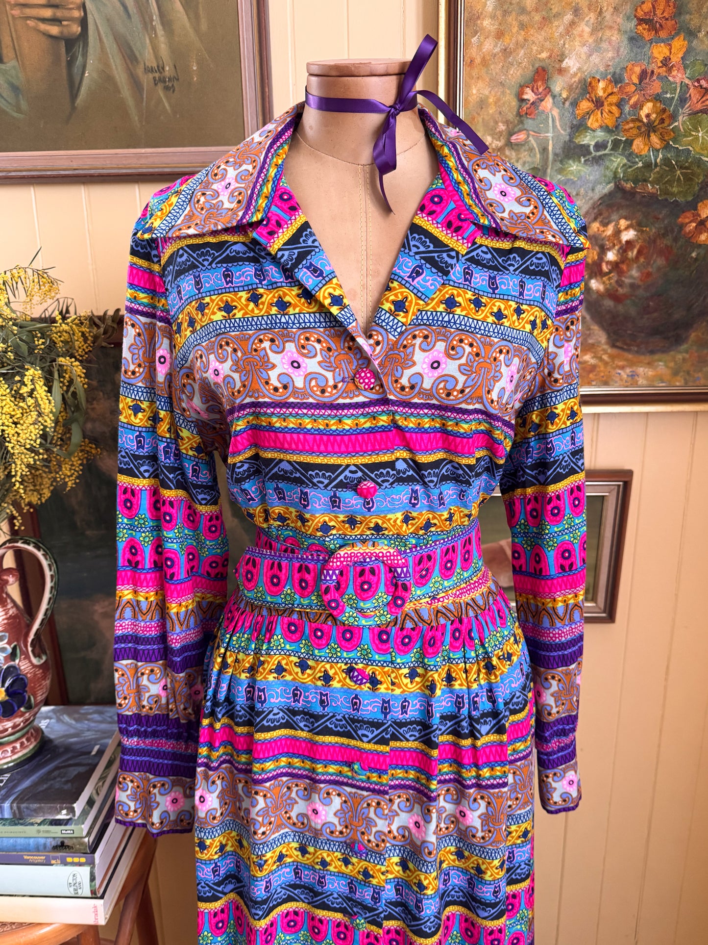 VINTAGE 1970S ALEX COLEMAN PSYCHEDELIC PRINT BUTTON THROUGH BELTED MAXI SHIRT DRESS M/L
