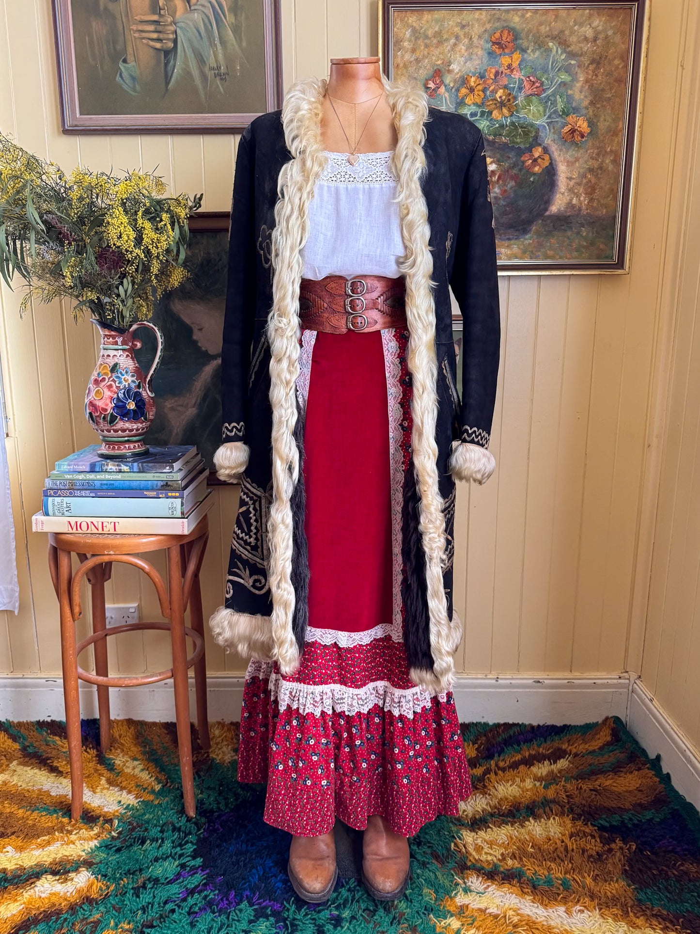 VINTAGE 1970S JESSICA’S GUNNIES GUNNE SAX FLORAL PRINT COTTON, VELVET + LACE MAXI SKIRT S
