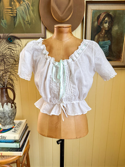 ANTIQUE EDWARDIAN FRENCH COTTON MUSLIN RIBBON CHEMISE BLOUSE S